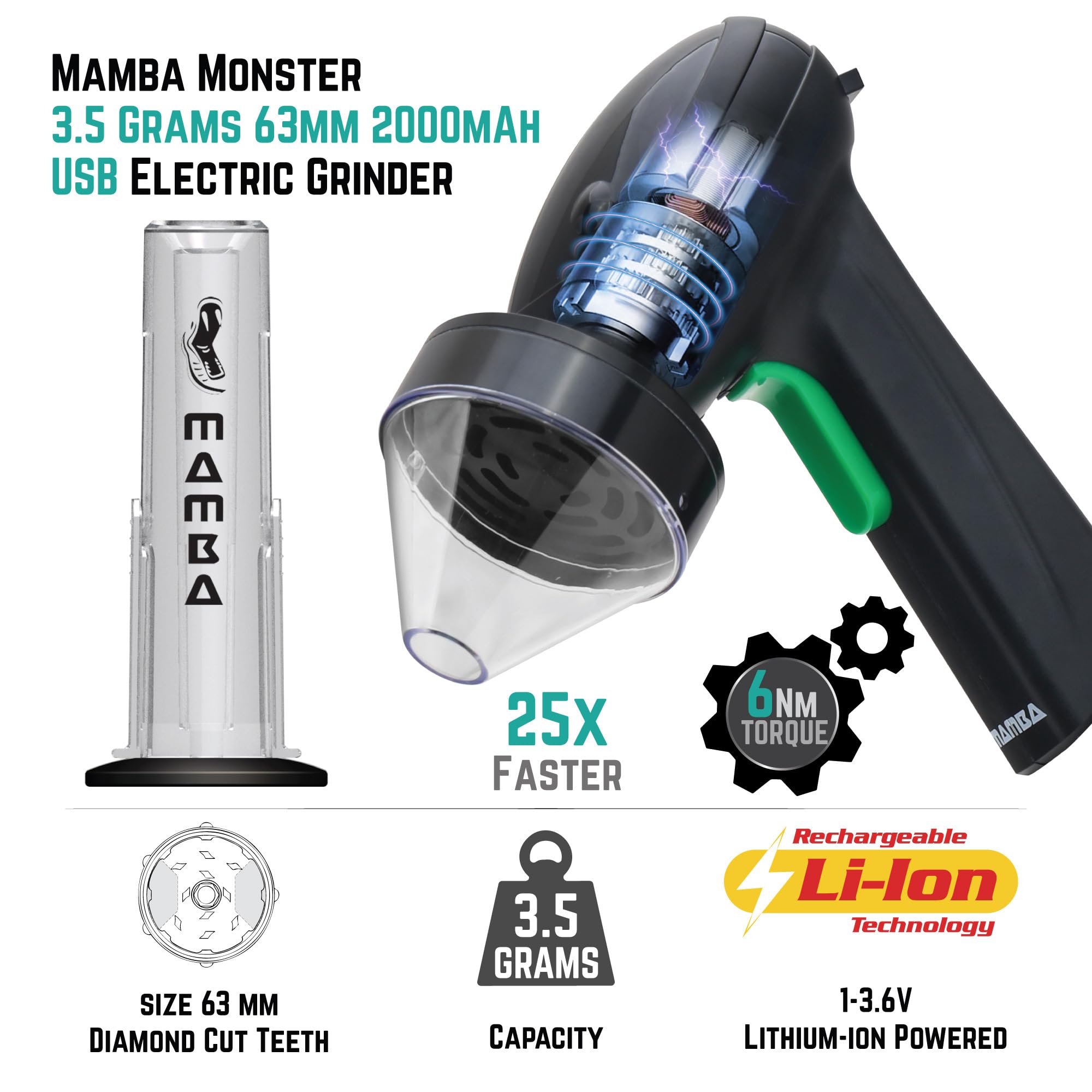 Premium Mamba Monster 3.5g Black USB Rechargeable Electric Herb Grinder - Large Capacity Portable Metal Spice Mill for Kitchen, Travel & Outdoor Use - Perfect for Herbs, Spices & Cooking Ingredients