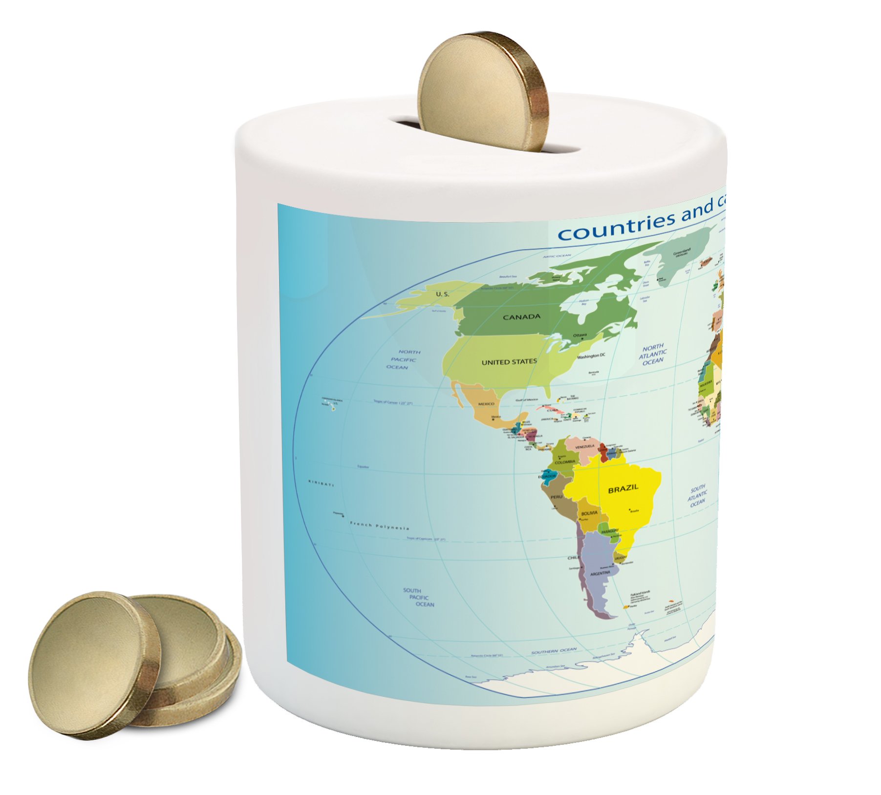 Lunarable World Map Piggy Bank - Ceramic Coin Bank with Countries, Capitals, Oceans & Lakes - Money Box for Cash Saving & Financial Education - Perfect for Kids, Collectors & Travel Enthusiasts
