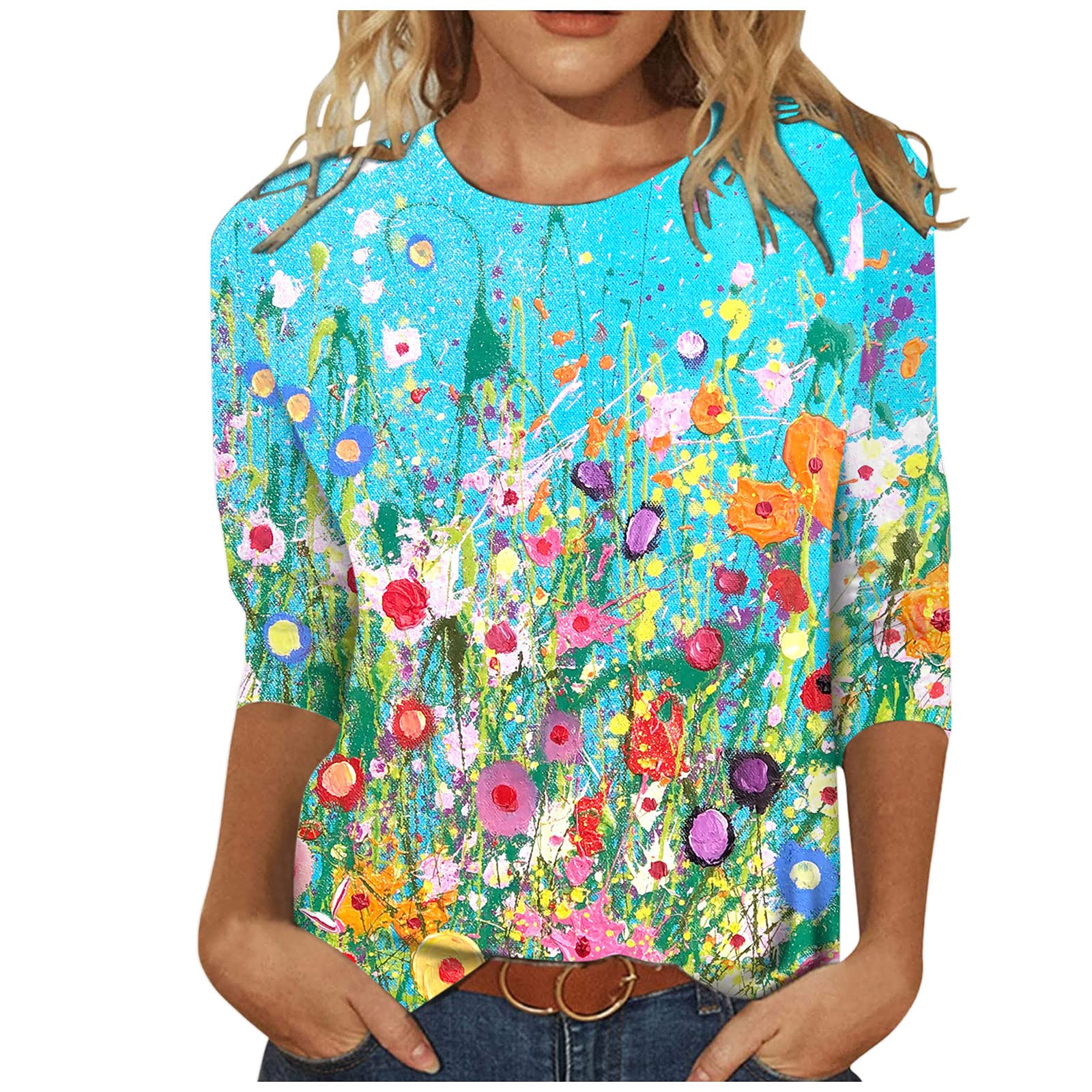 Floral Printed 3/4 Sleeve T-Shirt for Women - Casual Summer Blouse for Outings