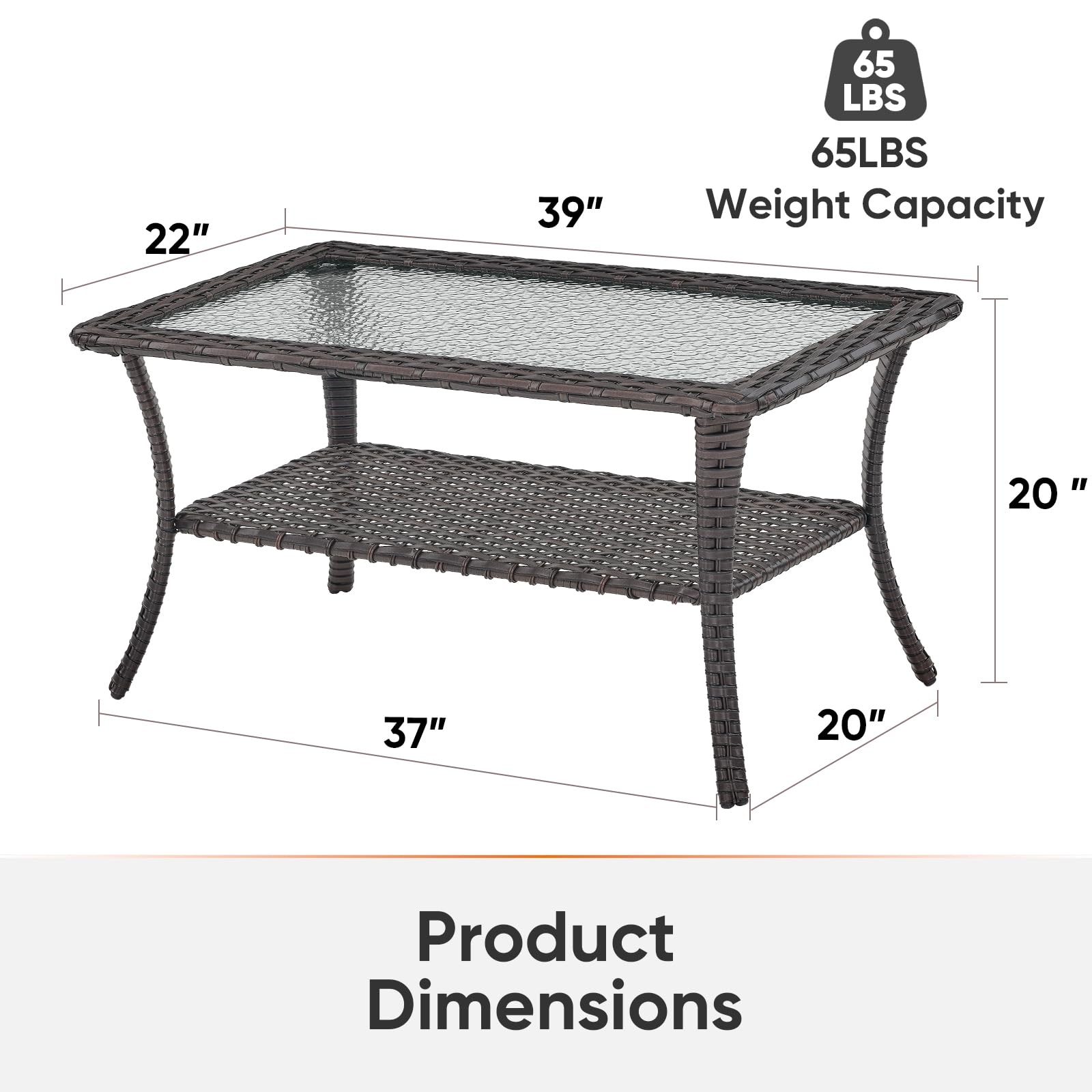 Outdoor Rattan Wicker Coffee Table with Tempered Glass Top & 2-Tier Storage - Patio Furniture for Deck, Porch, Balcony, Garden - Brown - Perfect for Outdoor Entertaining and Relaxation