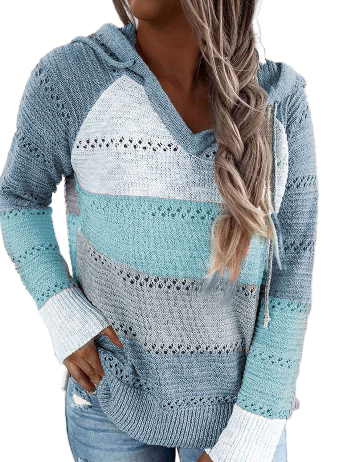 BLENCOT Women's Color Block Crochet Striped Hooded Sweater - Lightweight Drawstring Pullover Hoodie Trendy Sweatshirt for Casual Wear, Fall Fashion & Street Style Outfits