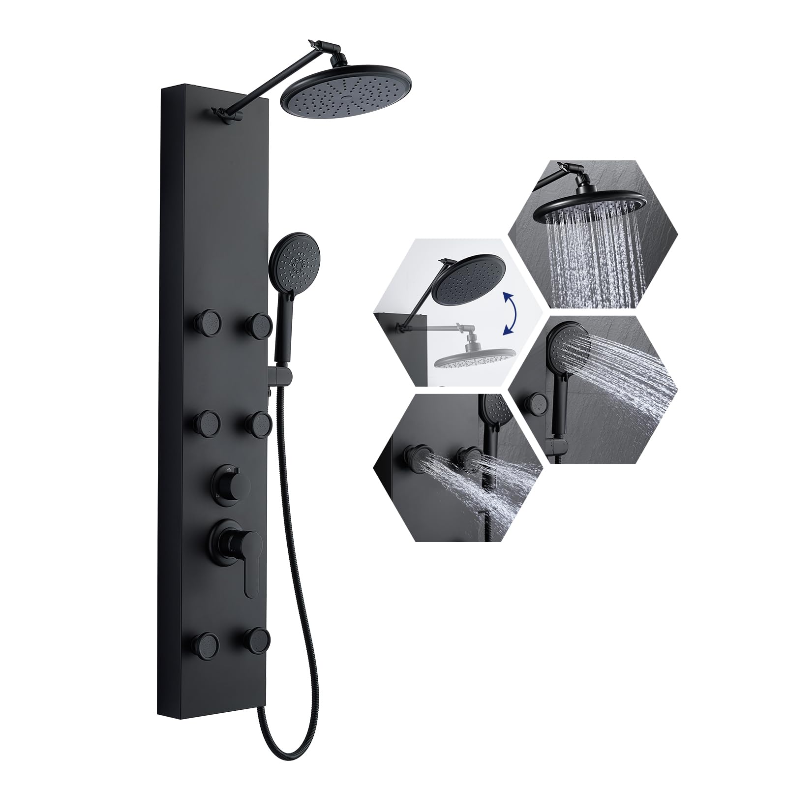ROVATE Matte Black Shower Panel Tower System with Adjustable Rainfall Shower Head - 6 Body Massage Jets & 5-Function Handheld Shower - Stainless Steel Wall Mounted Shower Column for Spa-Like Bathroom Experience
