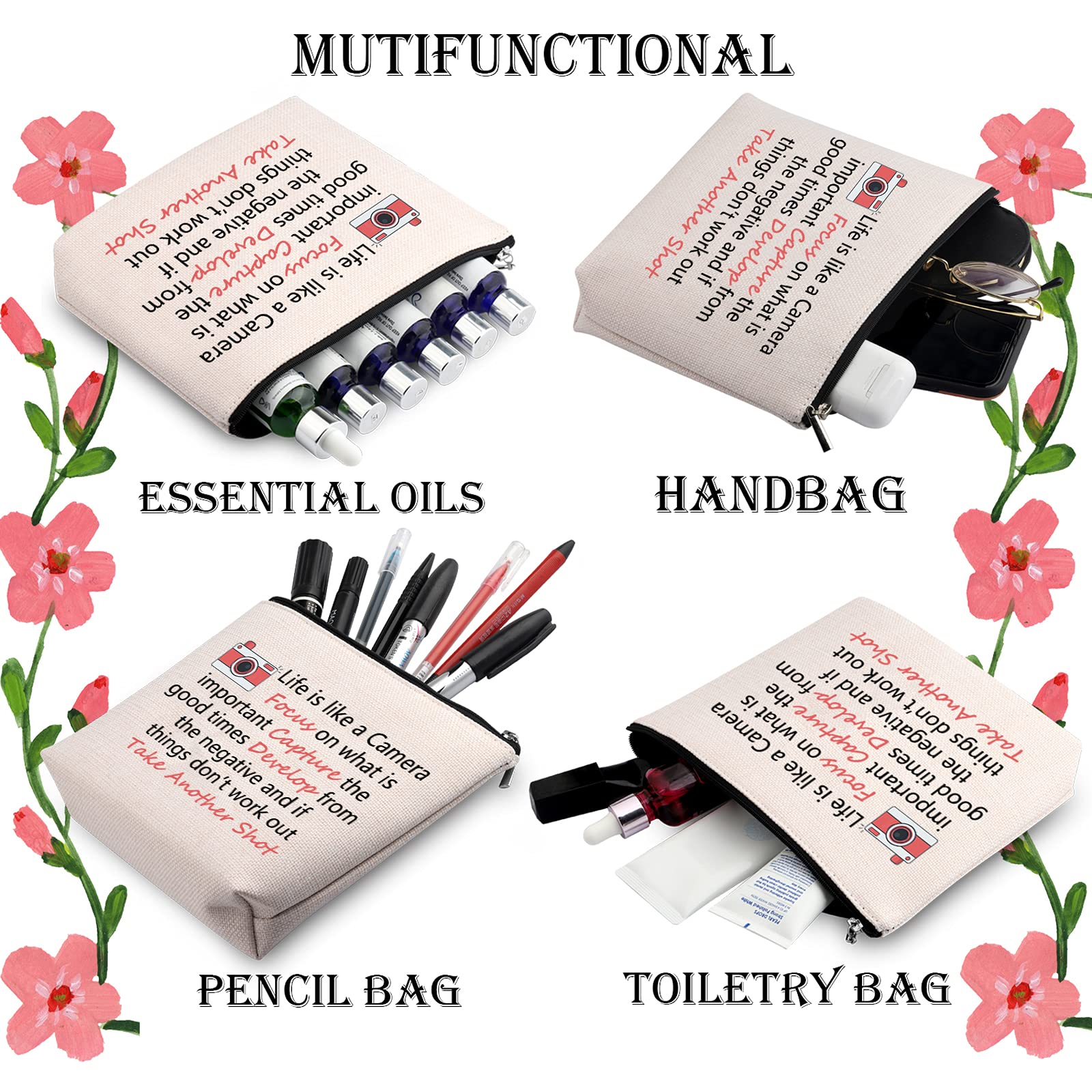 Life is Like a Camera Inspirational Photography Zipper Pouch - Waterproof Makeup Bag for Photographers & Artists - Perfect Camera Accessory Gift for Travel, Cosmetics & Daily Essentials Storage