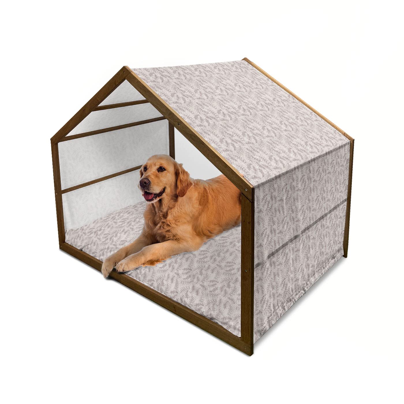 Ambesonne Wooden Dog House with Sketch Foliage & Victorian Antique Design - Indoor/Outdoor Portable Pet Kennel with Pillow & Cover - X-Large Size in Taupe Beige - Perfect for Backyard, Patio, or Home Decor