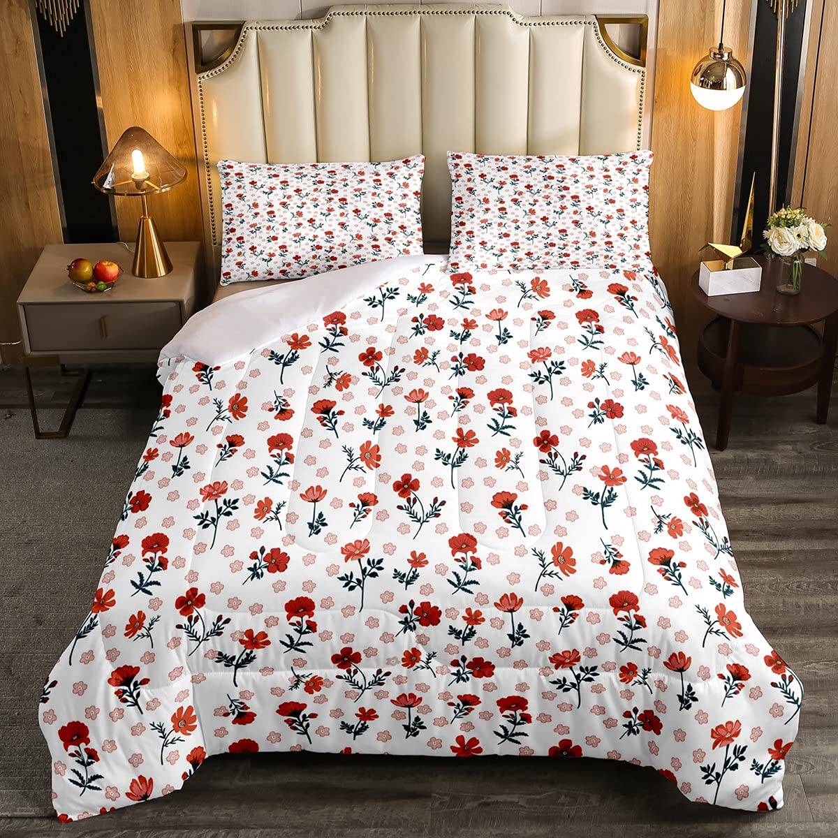 Floral Comforter Set Full Size - Wild Flowers Cartoon Garden Plant Bedding for Kids Girls Women | All Seasons Down Duvet with 1 Comforter & 2 Pillowcases | Perfect for Bedroom Decor, Nursery, Dorm Room & Cozy Home Styling