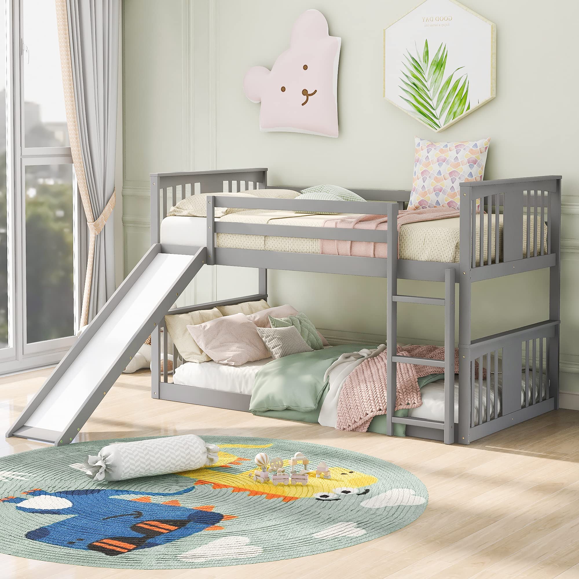 Harper & Bright Designs Twin Over Twin Wooden Bunk Bed with Slide & Ladder - Low Bunk Bed for Kids, Toddlers, Boys & Girls - Gray - Perfect for Small Bedrooms, Kids' Rooms & Shared Spaces