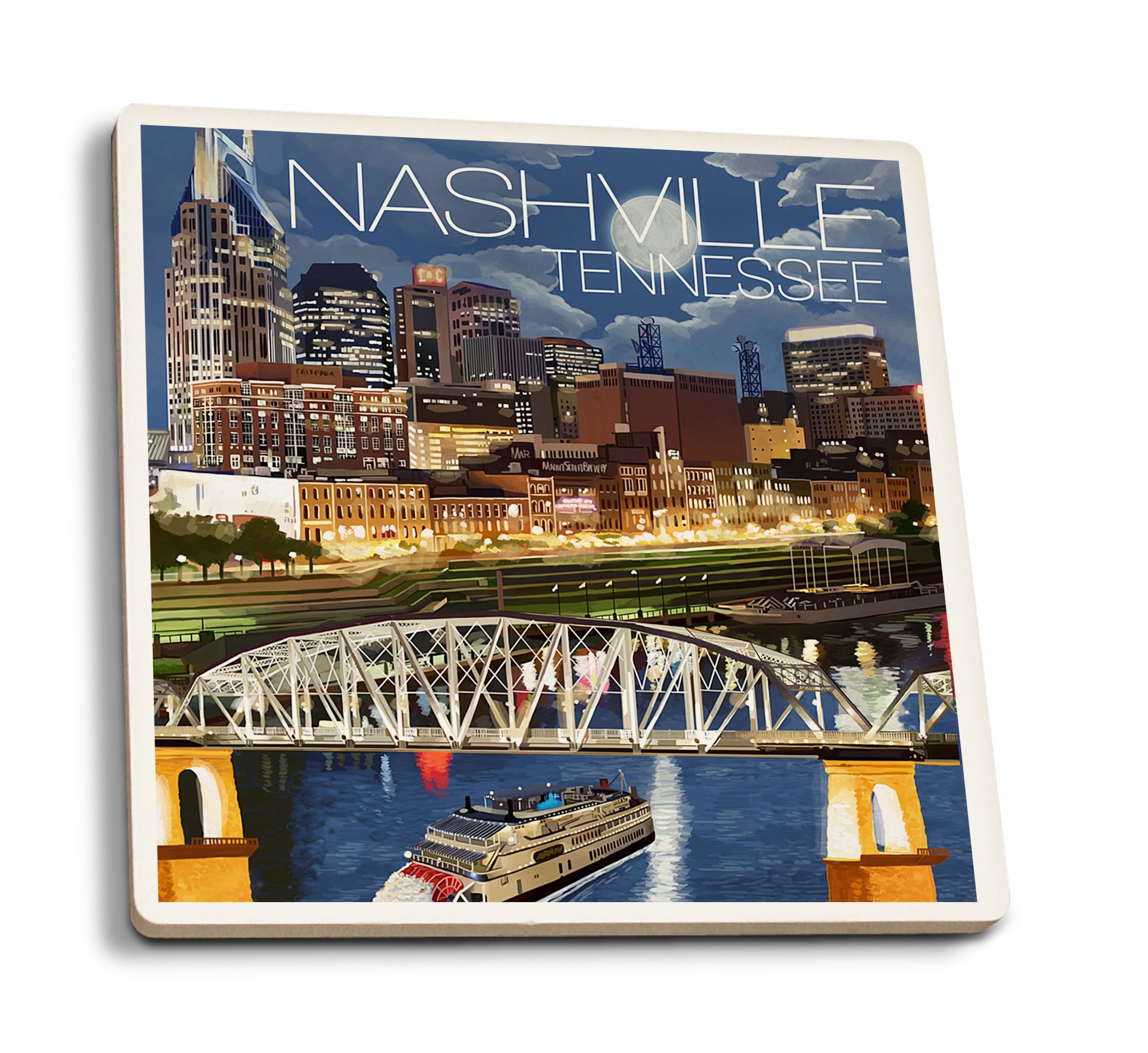 Nashville Tennessee Night Scene Absorbent Ceramic Coasters Set of 4 - Cork Backed Drink Coasters for Kitchen, Dining Table & Bar Decor - Perfect for Home, Office & Party Use