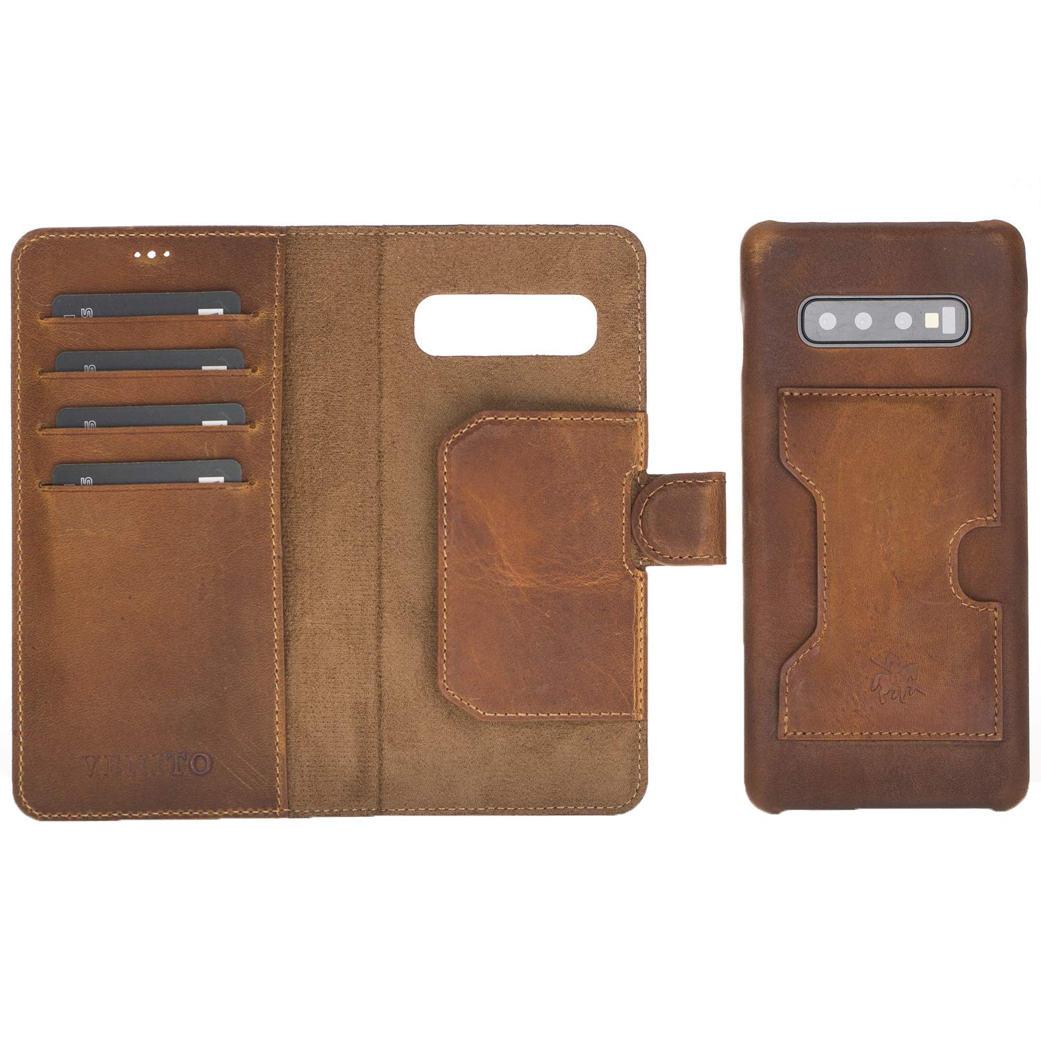 Venito Florence Genuine Leather Wallet Phone Case for Samsung Galaxy S10 Plus - RFID Blocking for Security - Detachable Phone Wallet with Card Slots - Antique Brown - Perfect for Travel, Business & Everyday Use