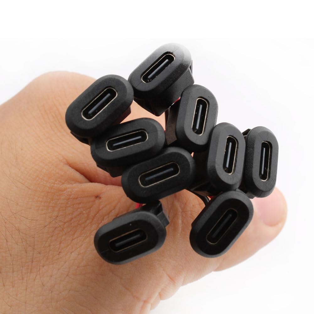 10PCS USB C Female Chassis 2Pin Soldering Jack - Waterproof Type C Pigtail Cable Extension, Power Cable with Micro USB Panel Mount Connector (Black) - Perfect for DIY Electronics, Car Audio & Home Automation Projects