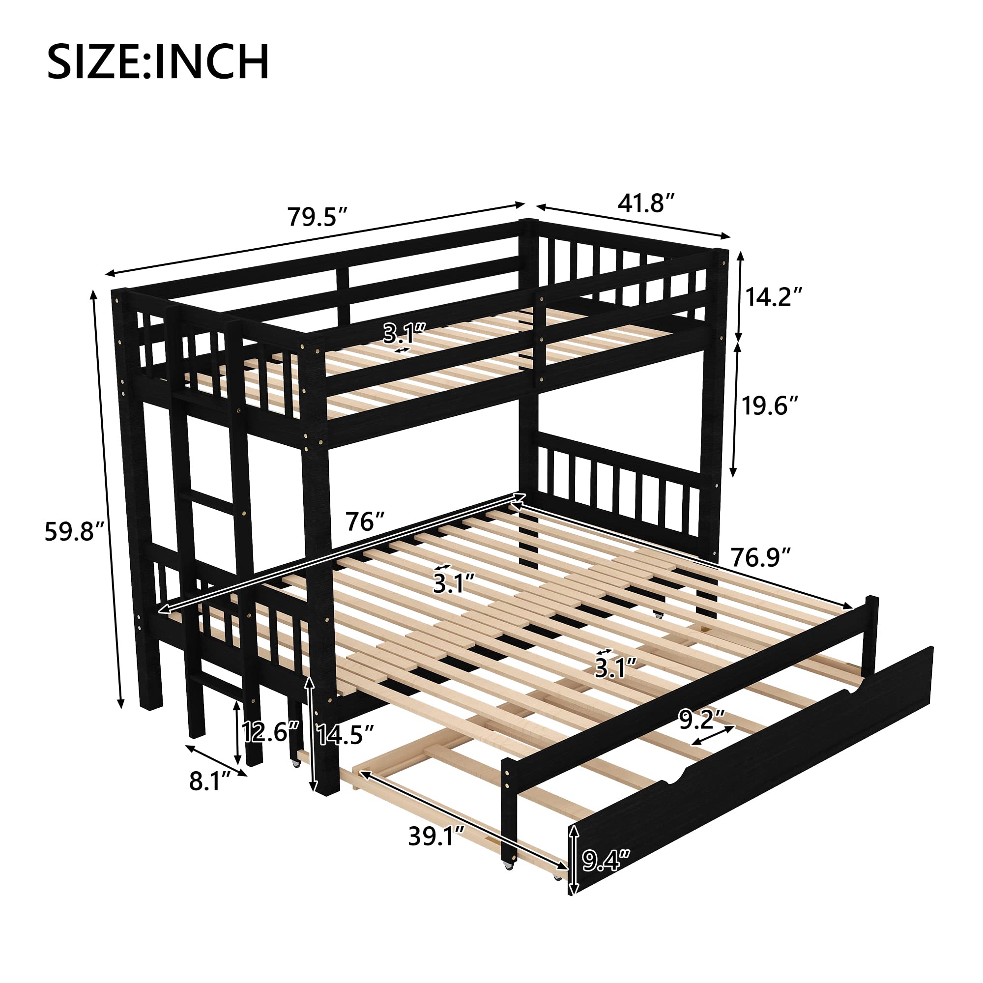 Harper & Bright Designs Twin Over Full Pull-Out Bunk Bed with Trundle - Solid Wood Twin/Double Bunk Bed with Ladder & Safety Guardrail - No Box Spring Needed - Espresso Finish - Perfect for Kids' Rooms, Guest Rooms & Small Spaces