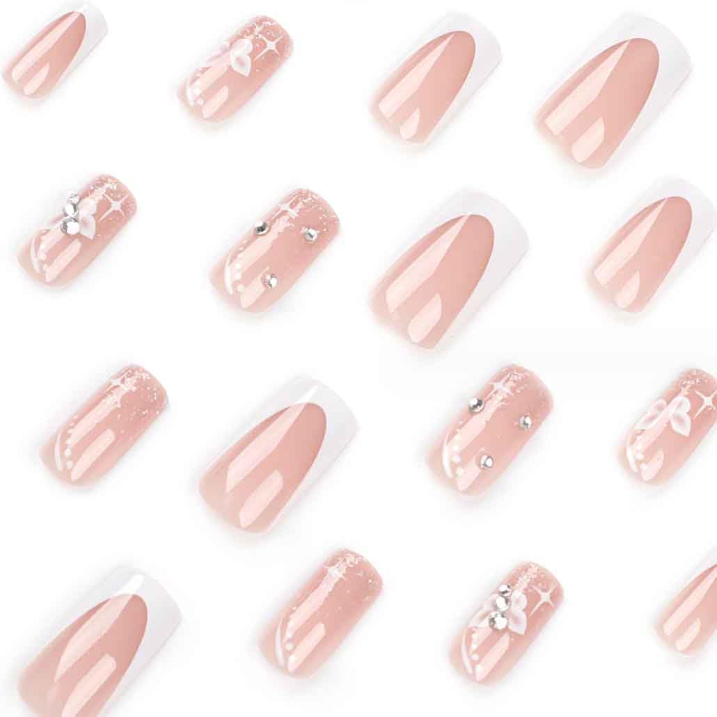 24PCS Long Press On Nails - Nude Square Clear Acrylic False Nails with French Tip & Bling Rhinestone Butterfly Design - Perfect for Parties, Weddings & Special Occasions