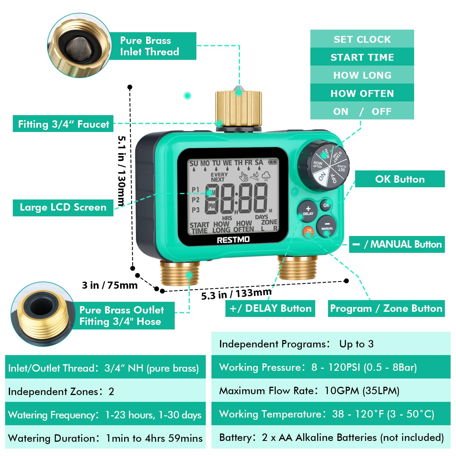 RESTMO Sprinkler Timer with Brass Inlet & Outlet - 2 Zone Programmable Garden Hose Water Timer with 3 Separate Programs | Manual/Rain Delay/Automatic Watering for Drip Irrigation, Lawn & Outdoor Plants | Perfect for Backyard, Garden & Landscape Watering Systems