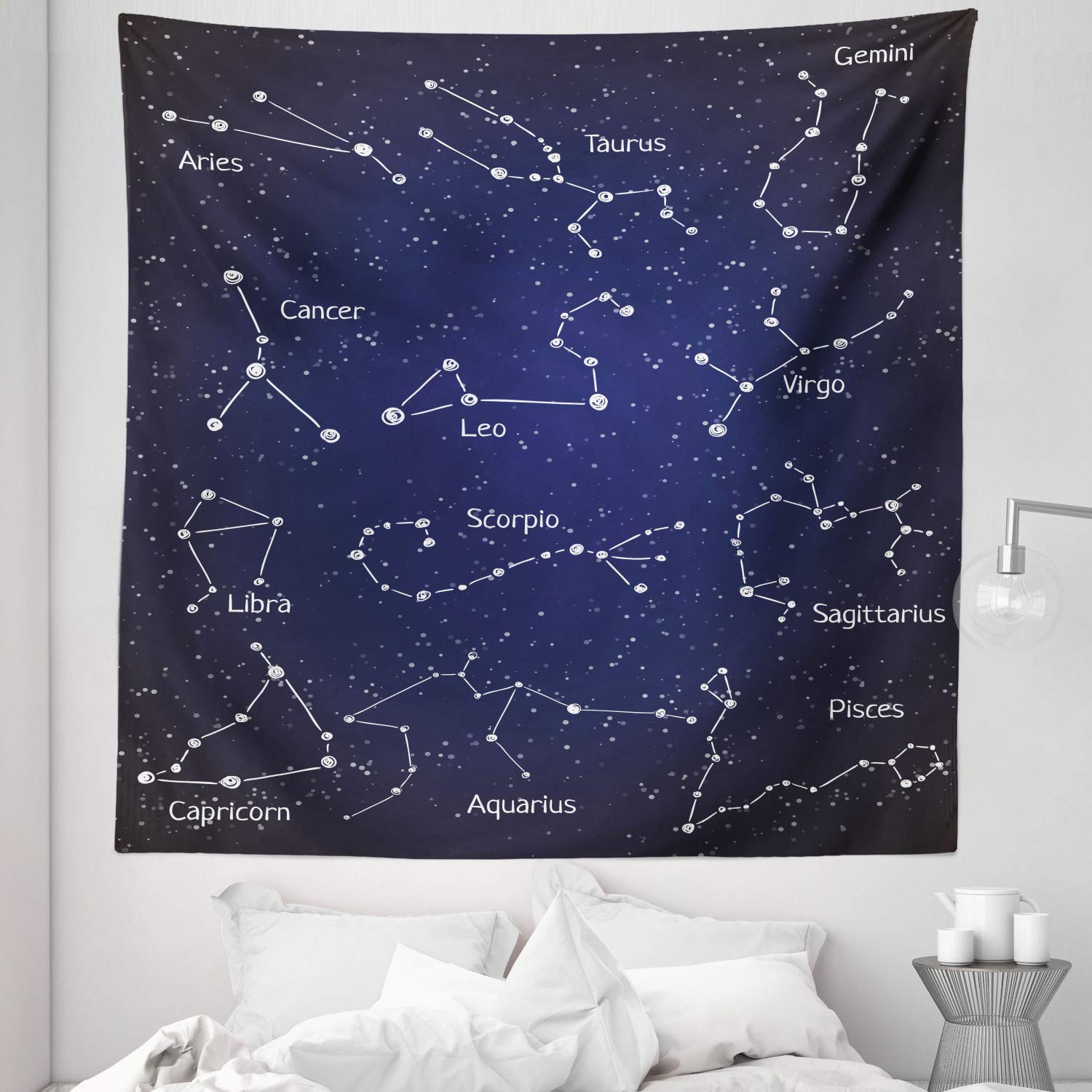 Ambesonne Queen Size Constellation Tapestry - Zodiac Star Clusters Wall Hanging with Chalk Writing Style - 88