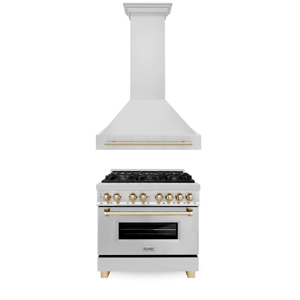 ZLINE Autograph Edition 36-inch Stainless Steel Dual Fuel Range with Range Hood - Polished Gold Accents Kitchen Package (2AKP RARH36 G) | Professional Gas Stove & Ventilation System for Home Chefs & Modern Kitchens