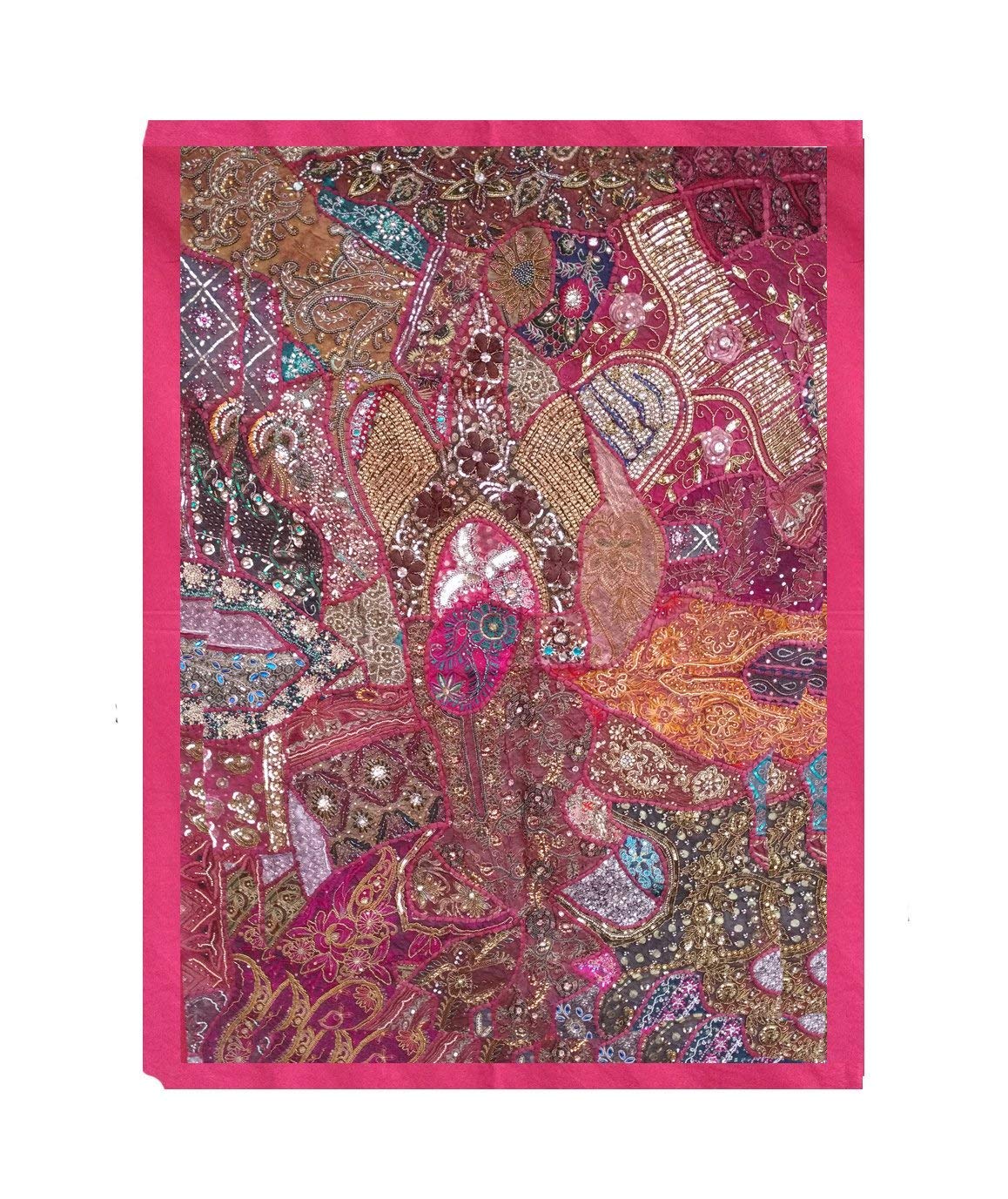 Vintage Indian Handmade Cotton Embroidered Patchwork Wall Hanging Tapestry - Boho Home Decor for Living Room, Bedroom & Dorm (Pink)