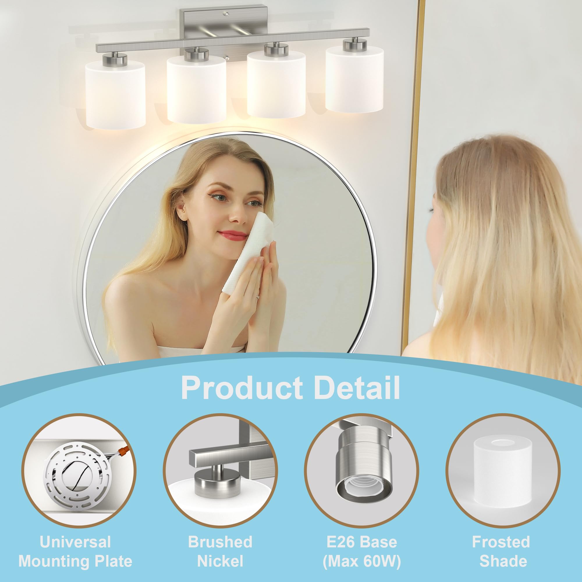 Modern 4-Light Bathroom Vanity Light Fixture - Brushed Nickel Finish with Frosted Shade & Anti-Rust Coating, E26 Base - Perfect for Bathroom, Powder Room & Dressing Area Lighting