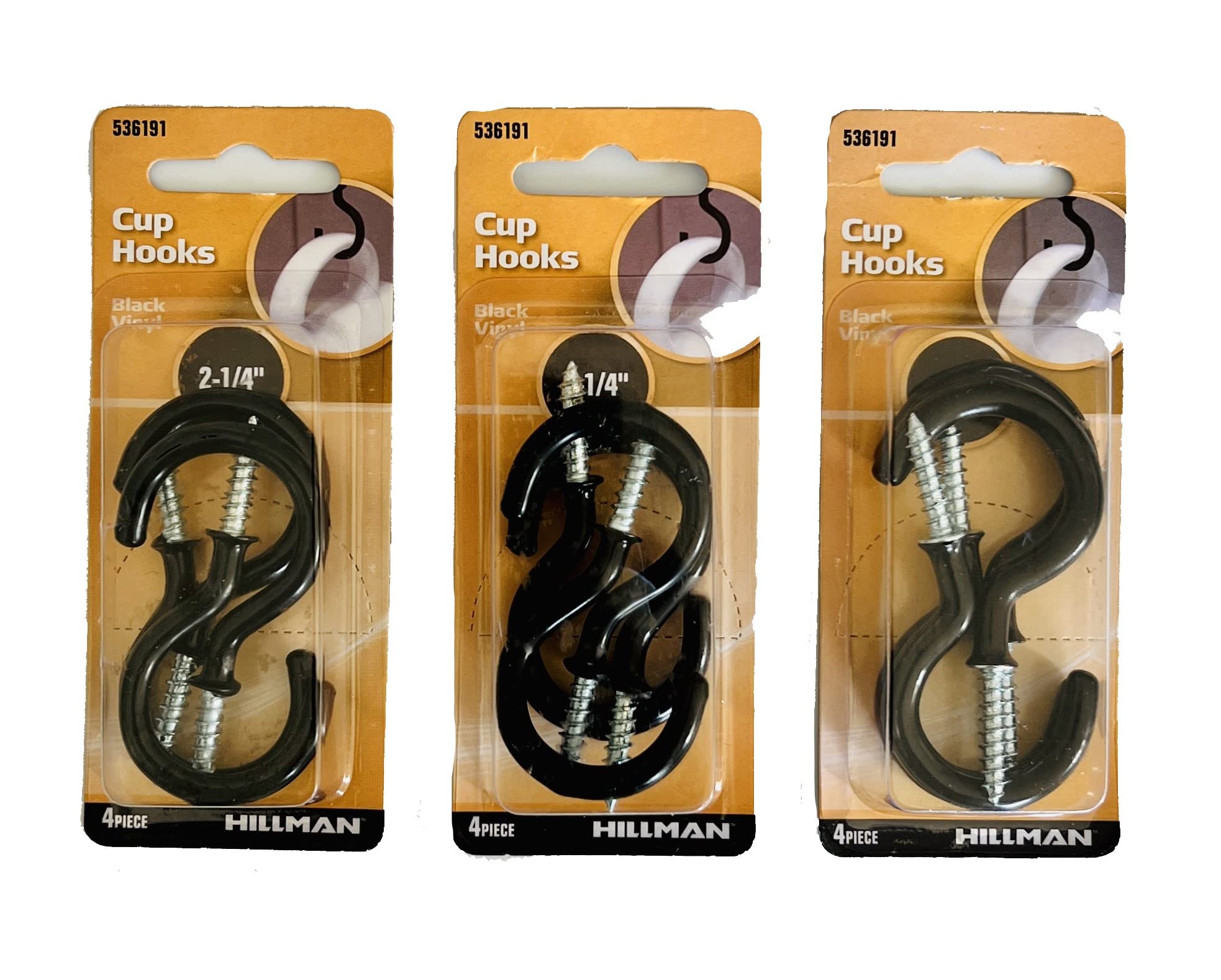 Hillman 3-Pack Black Vinyl Coated Screw-in Cup Hooks (2-1/4 Inch) - Heavy Duty Utility Hooks for Hanging Mugs, Plants & Kitchen Accessories - Ideal for Pantry, Garage & DIY Organization Projects