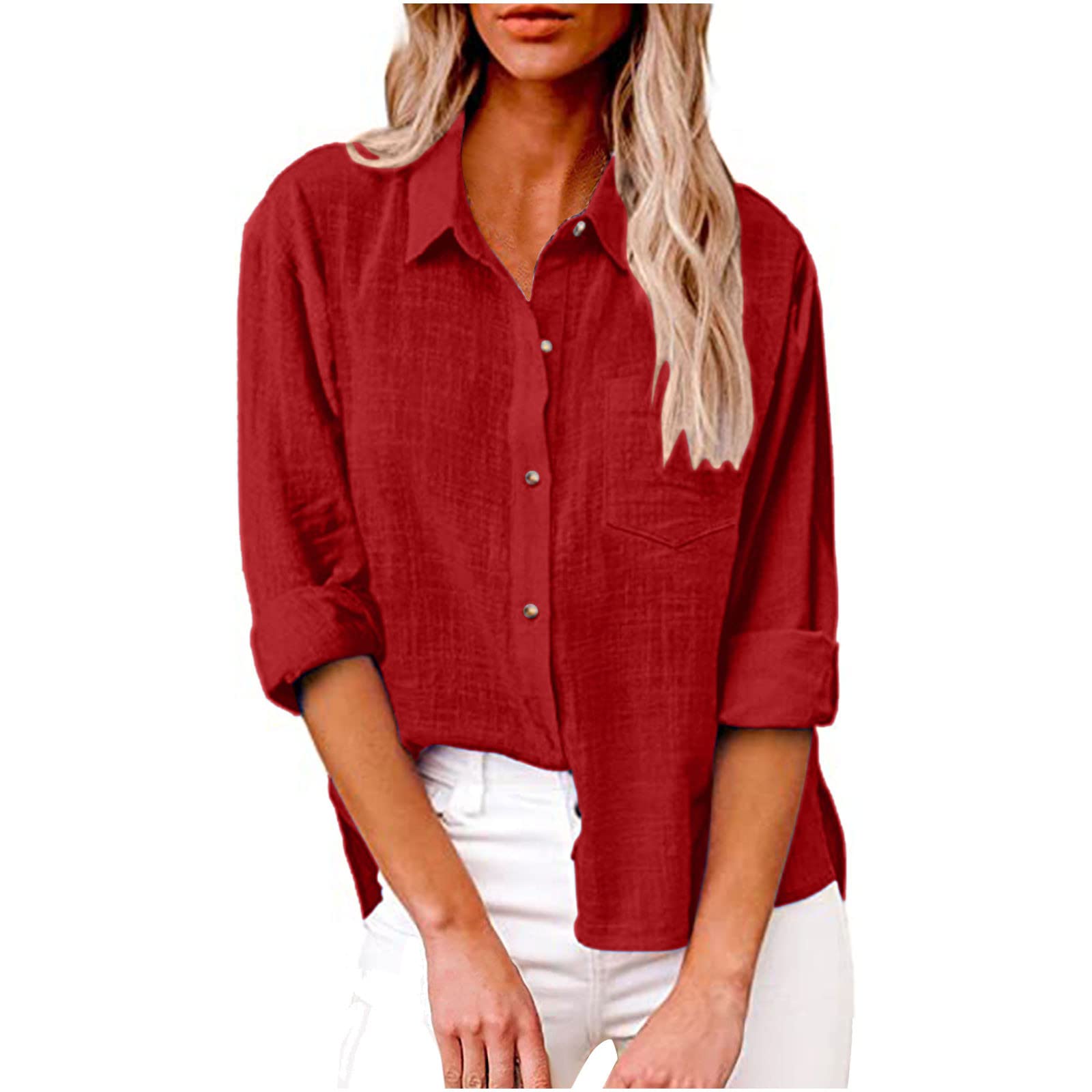 Women's Linen Long Sleeve Blouse with Button Lapel - Elegant Work & Casual Slim Fit Cotton Top for Office, Date Night & Everyday Wear