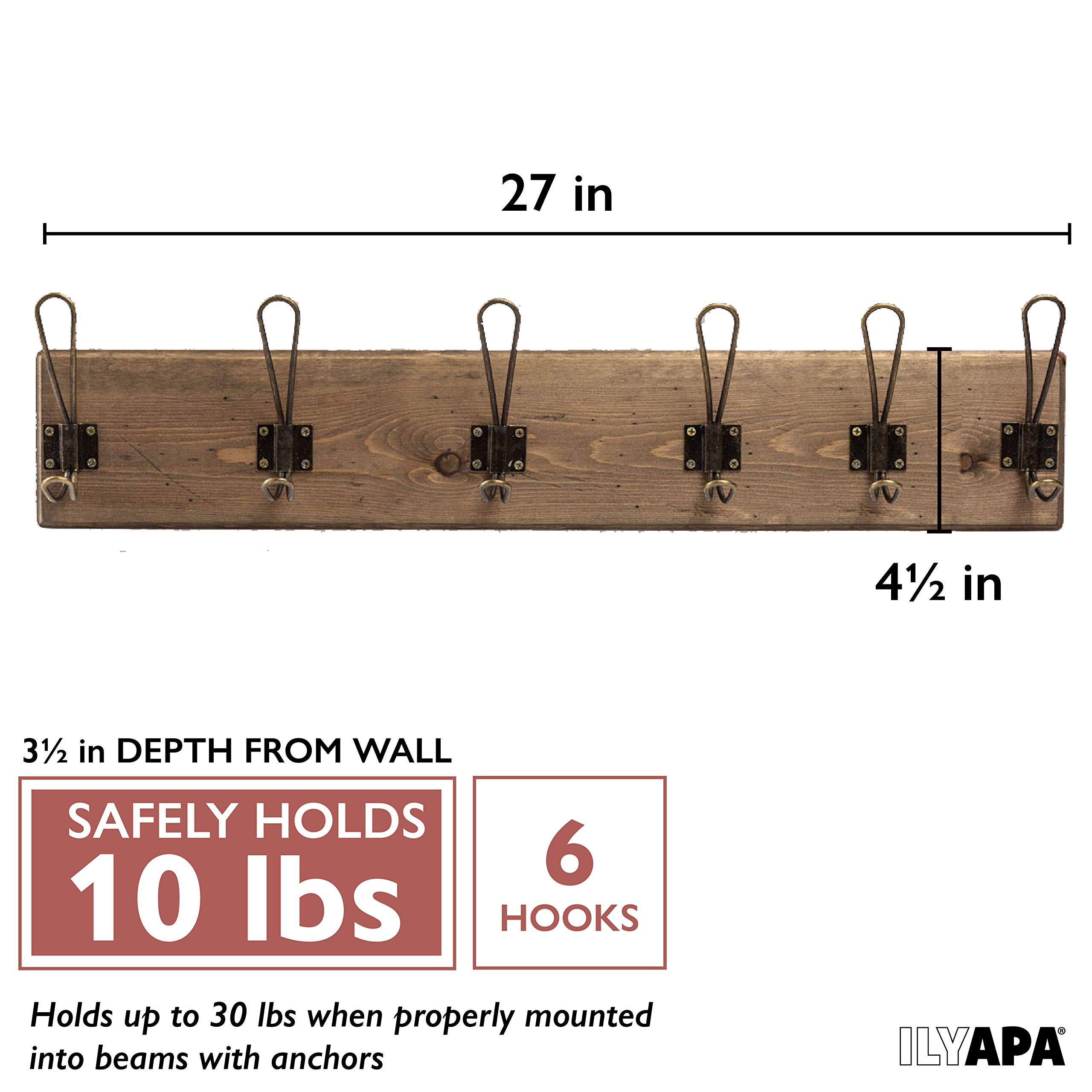 Rustic Wooden Wall Mounted Coat Rack with 6 Antique Brass Hooks - Distressed Wood Entryway Organizer for Hats, Scarves, Bags & Jackets - Perfect for Hallway, Mudroom, Bedroom & Apartment Decor