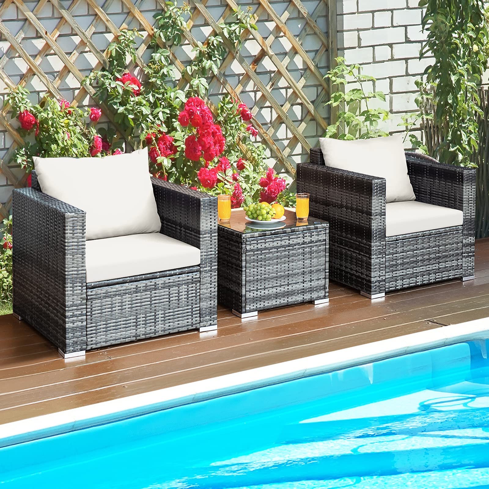 HAPPYGRILL 3-Piece Outdoor Rattan Wicker Patio Conversation Set with Coffee Table and Soft Cushions - Perfect for Balcony, Porch, Backyard, Garden, and Poolside Relaxation