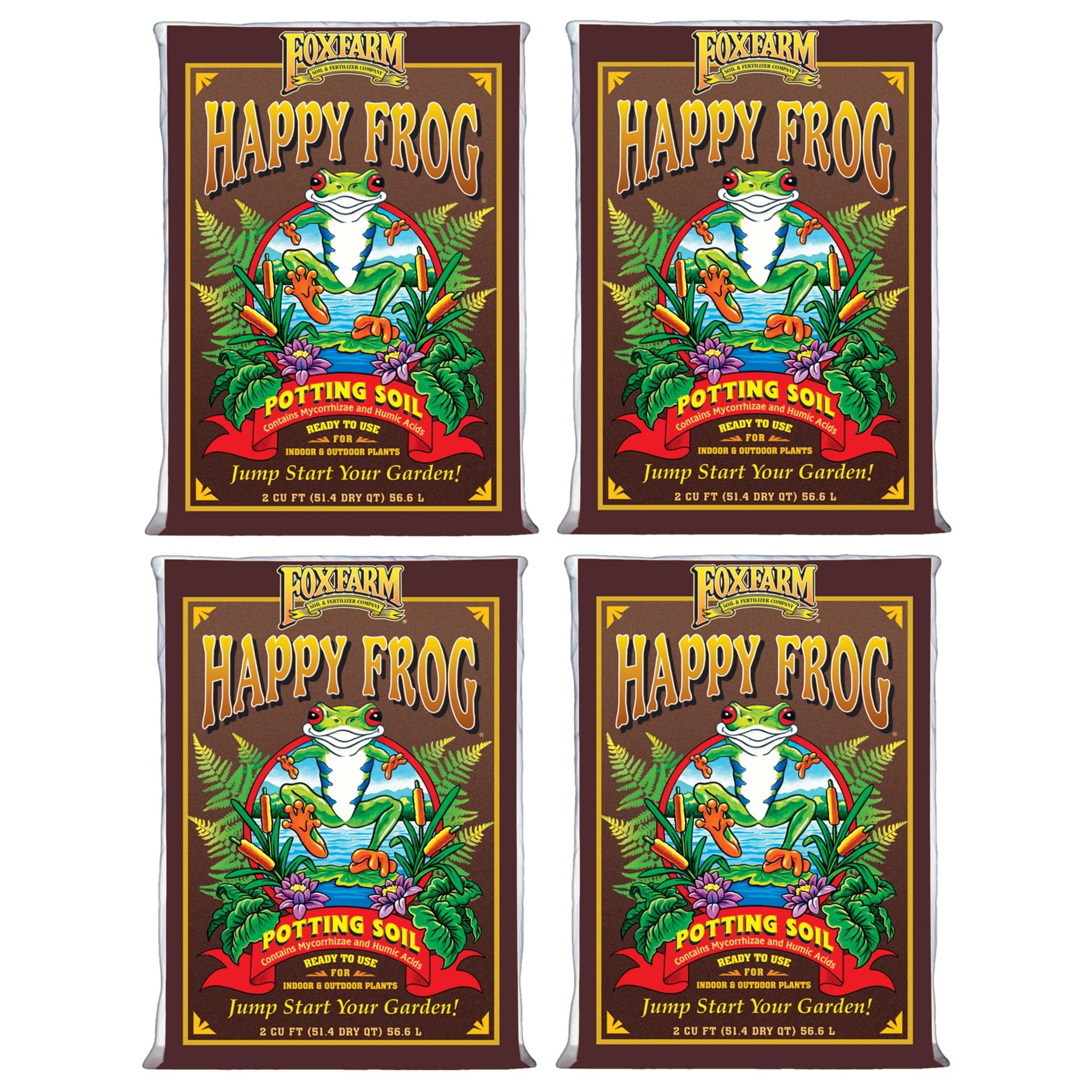 FoxFarm Happy Frog Potting Soil - 2 Cubic Feet (Pack of 4) | Organic Potting Mix for Indoor & Outdoor Container Plants | Enhances Root Growth & Nutrient Absorption | pH Balanced with Mycorrhizae & Humic Acids | Perfect for Houseplants, Vegetable Gardens & Flower Pots