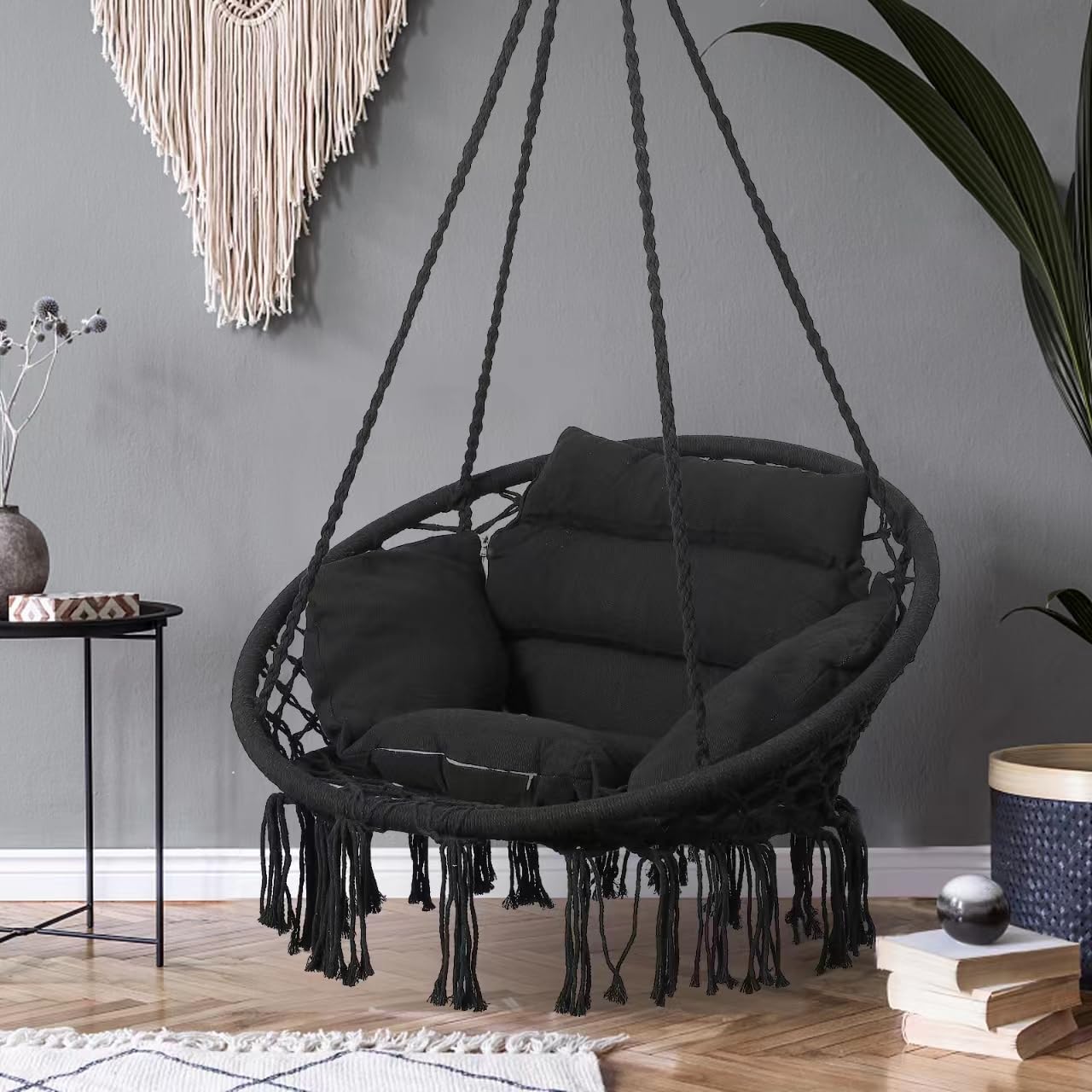 Goutime Macrame Boho Hammock Chair with Hanging Hardware Kit & Back Cushion - Indoor Outdoor Swing Chair for Bedroom, Patio, Garden, Balcony (Black) - Perfect for Relaxing, Reading & Decor