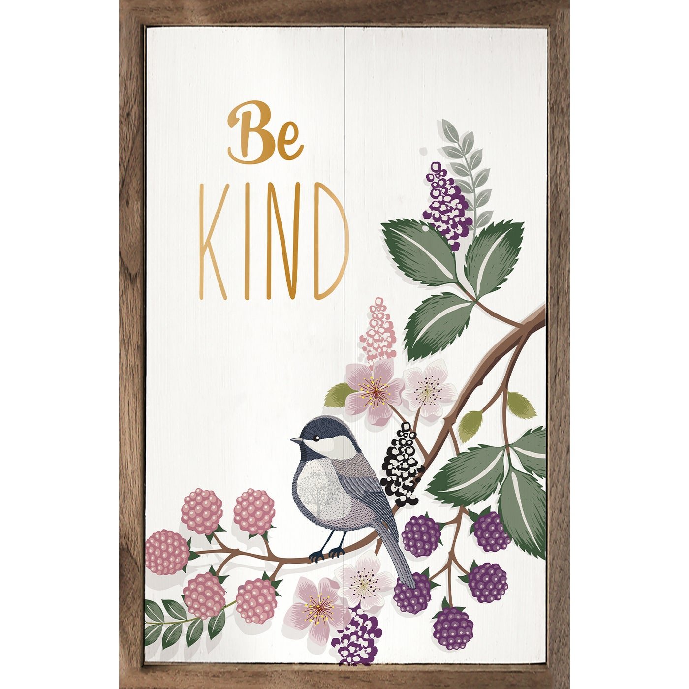 Be Kind Greenery Bird Whitewash Wood Framed Print - Inspirational Wall Art for Home, Office & Nursery Decor