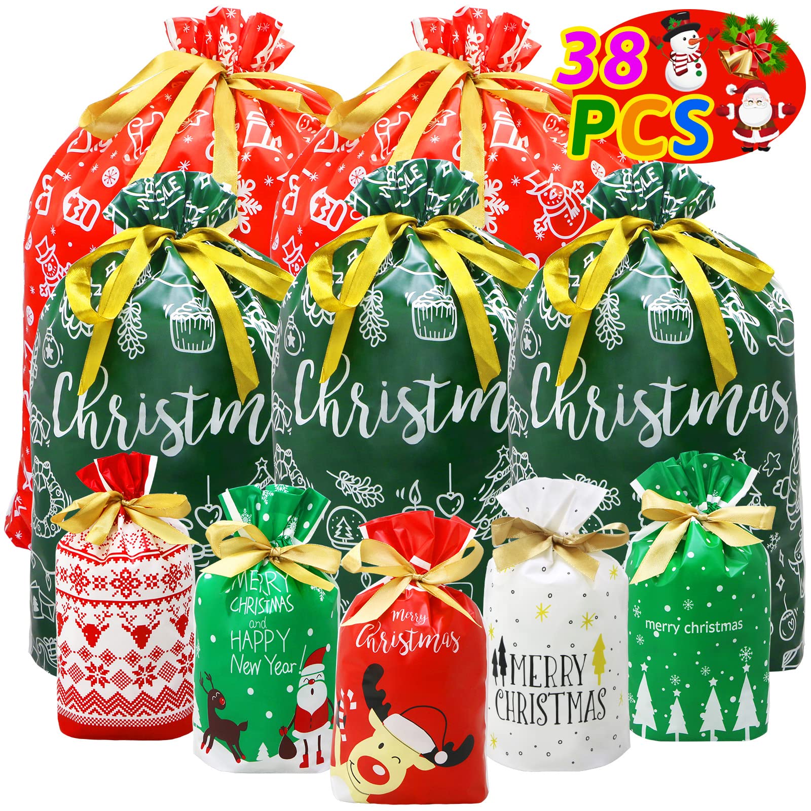 ZMCINER 38-Piece Christmas Drawstring Gift Bags Set - Assorted Sizes for Holiday Presents, Party Favors & Xmas Gifts | Perfect for Stocking Stuffers, Secret Santa & Christmas Party Decorations