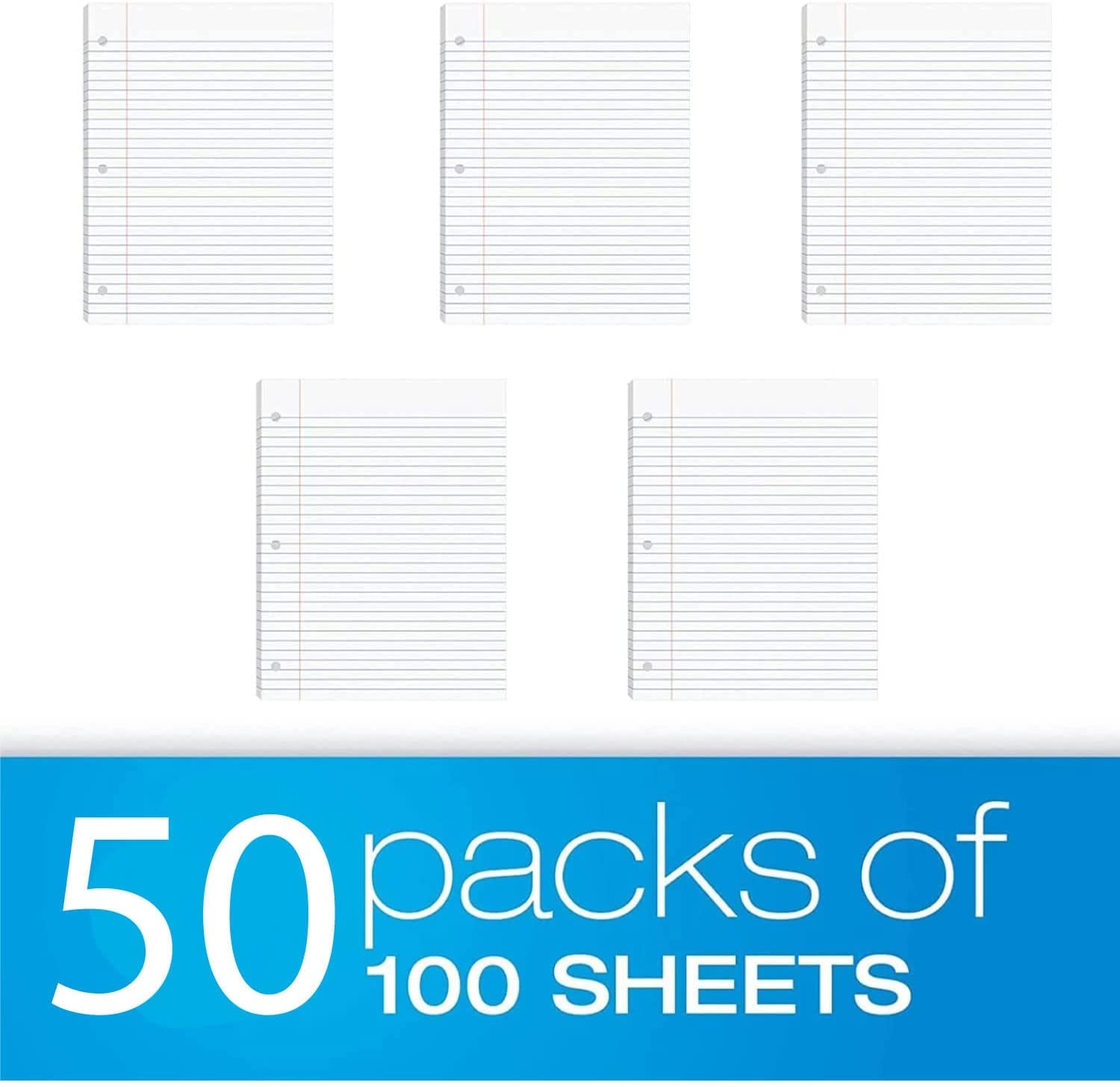 50 Pack Bulk Binder Paper Wide Ruled with 3 Hole Punches - 100 Sheets Each for School, Office & Home Organization | Filler Paper for 3-Ring Binders, Notebooks & Filing Systems