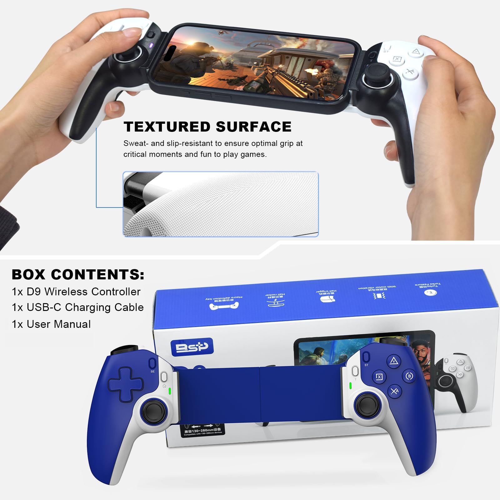 Wireless Controller for iPad, Tablet, iPhone, Android, PC, Nintendo Switch, PS3, PS4 - Gamepad Joystick with Turbo Function | Compatible with Mobile Cloud Gaming, PS5, PS4, Xbox, PC, iPhone 15/14 | Perfect for COD, Fortnite & Streaming Games - Blue