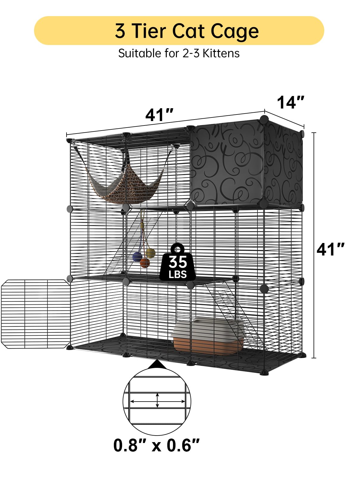 3-Tier Indoor Cat Cage with Toy Ball & Hammock - Large Cat Enclosure for 2-3 Cats, DIY Detachable Metal Wire Playpen for Ferrets, Squirrels & Small Pets - Perfect for Home, Apartment & Pet Play Areas