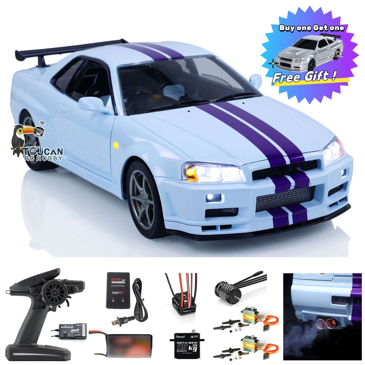 1/8 Scale 4WD Metal RC Racing Car - R34 4x4 High Speed Remote Control Drift Vehicle with Sound & Smoke Effects (RTR Ready-to-Run) - Perfect for Indoor/Outdoor Racing, Drifting & Off-Road Adventures