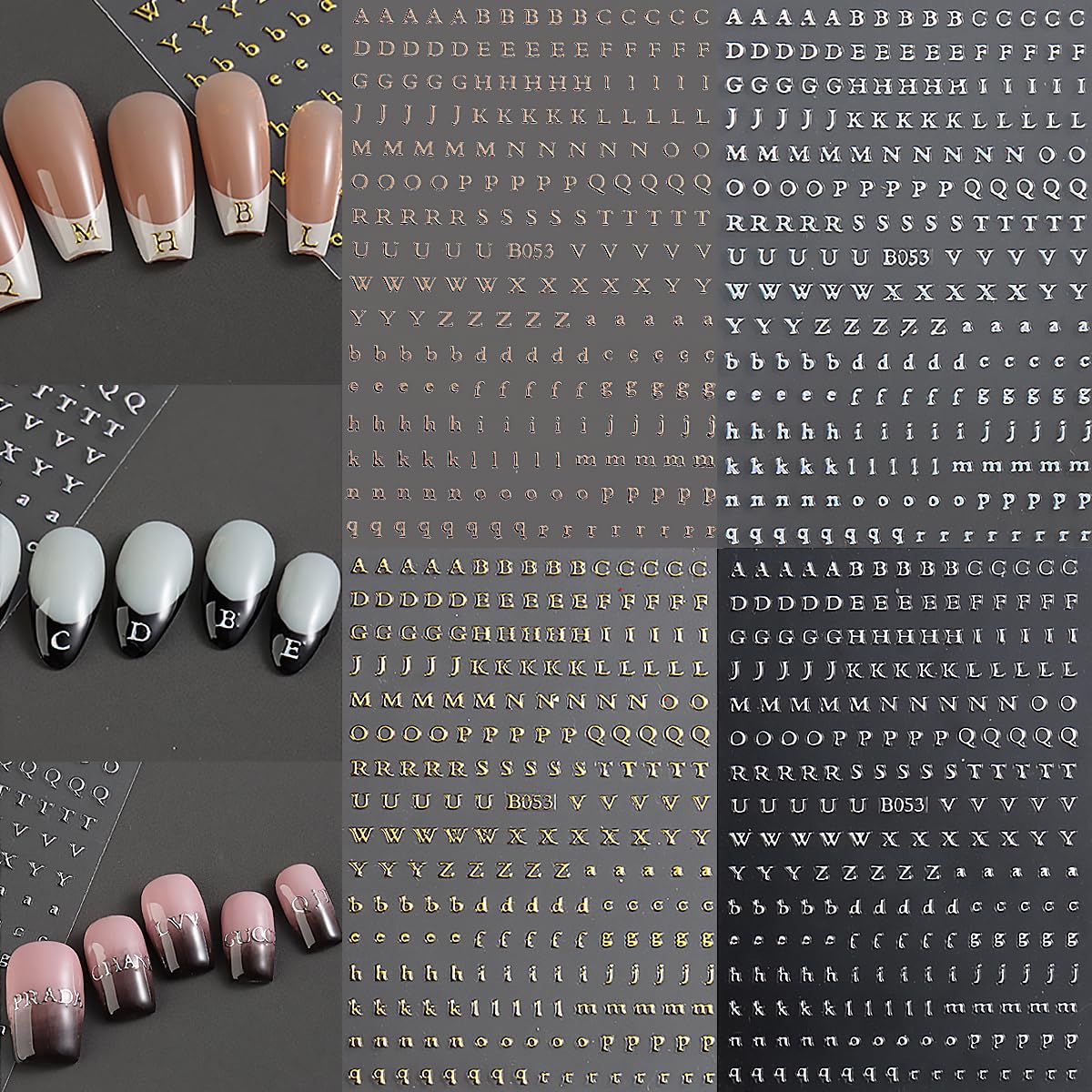 8 Sheets 3D Self-Adhesive Nail Art Stickers - Laser Black White Gold Silver English Letters Nail Decals for Women & Girls | DIY Nail Decor for Parties, Weddings, Holidays & Everyday Fashion