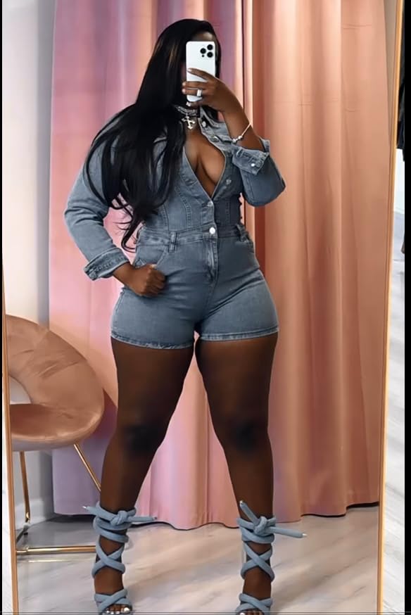 Molilove Women's Vintage Denim Jumpsuit - Long Sleeve Button Down Jean Romper with Pockets | Casual Outfit for Streetwear, Date Night & Summer Fashion