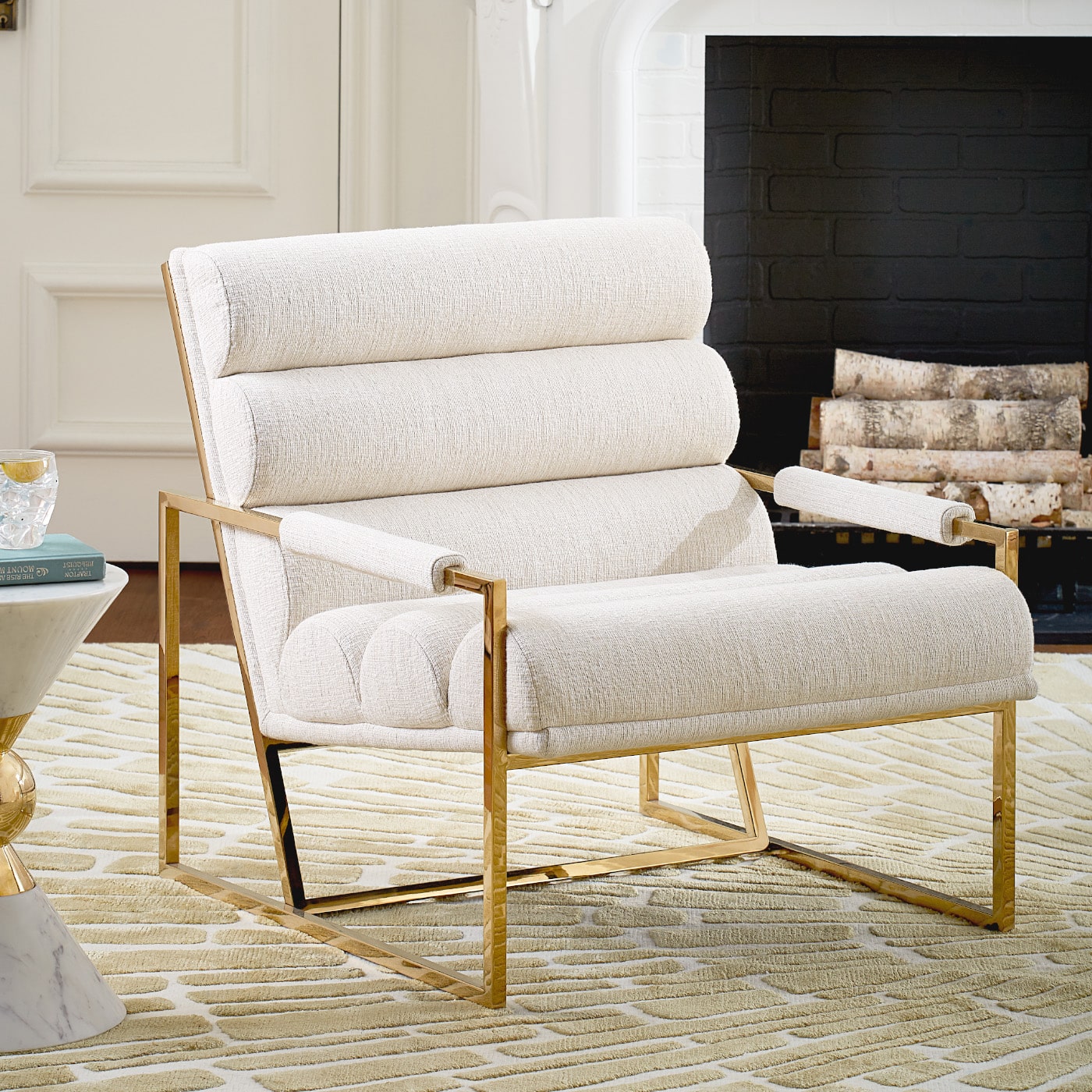 Channeled Goldfinger Lounge Chair - Mid Century Modern Accent Chair for Living Room, Bedroom & Office - Comfortable Upholstered Armchair with Gold Legs - Perfect for Relaxing, Reading & Decorating