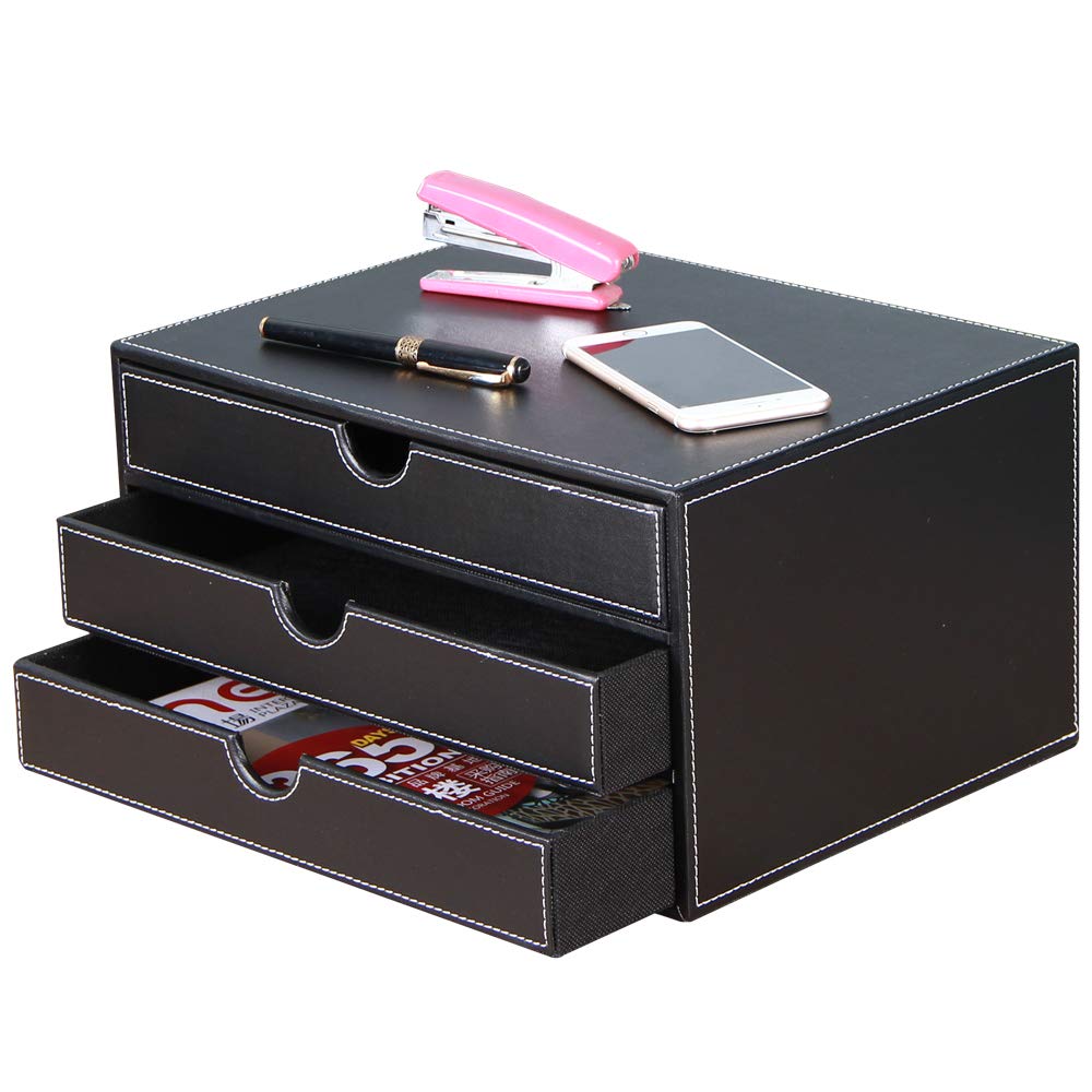 Premium PU Leather Desk Organizer - 3-Drawer A4 File Cabinet for Office & Home Storage (Black)
