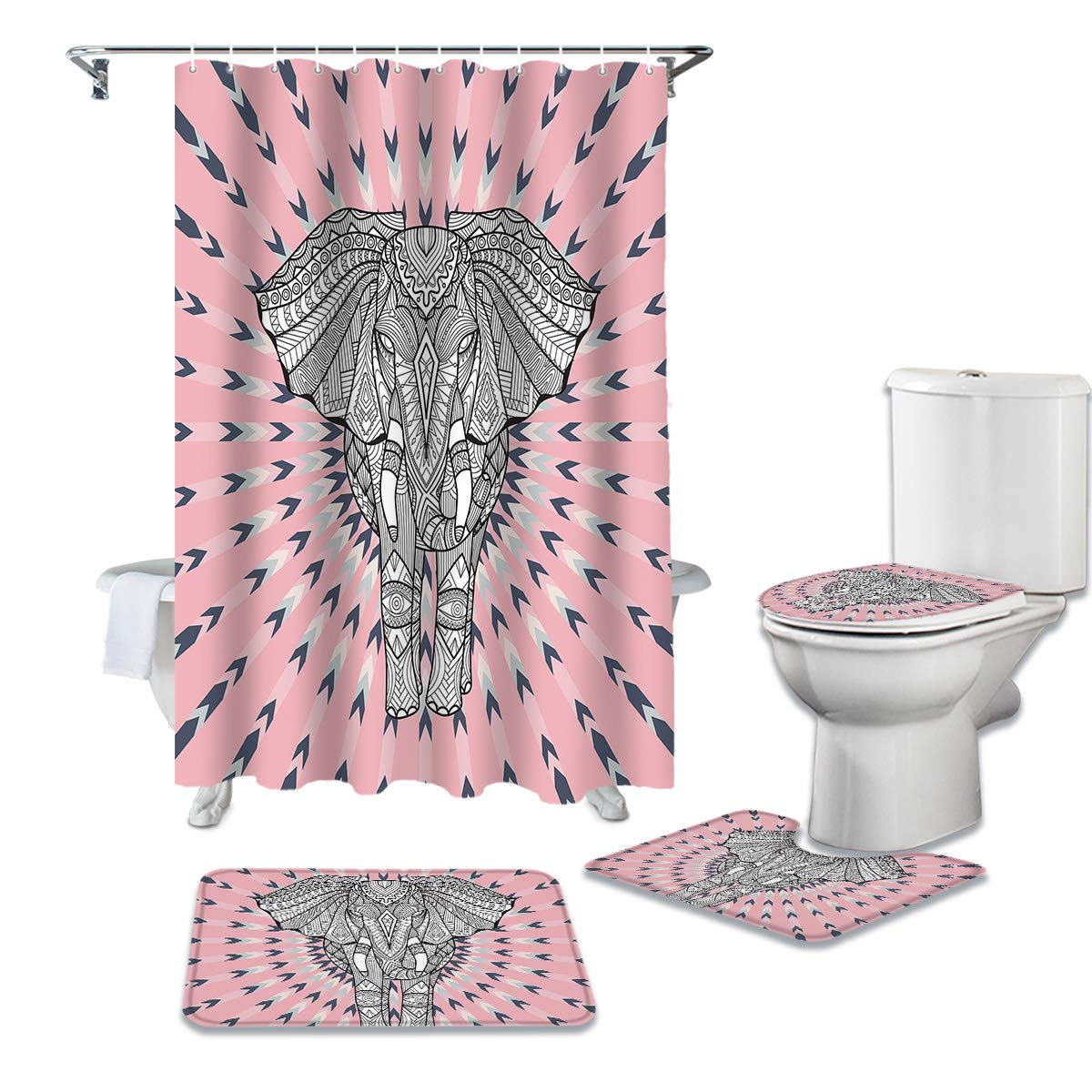 Greaben Pink India Flower Elephant 4-Piece Bath Set - Shower Curtain, Non-Slip Bath Mats, Toilet Cover - Waterproof Bathroom Decor for Home, Apartment & Guest Bathroom