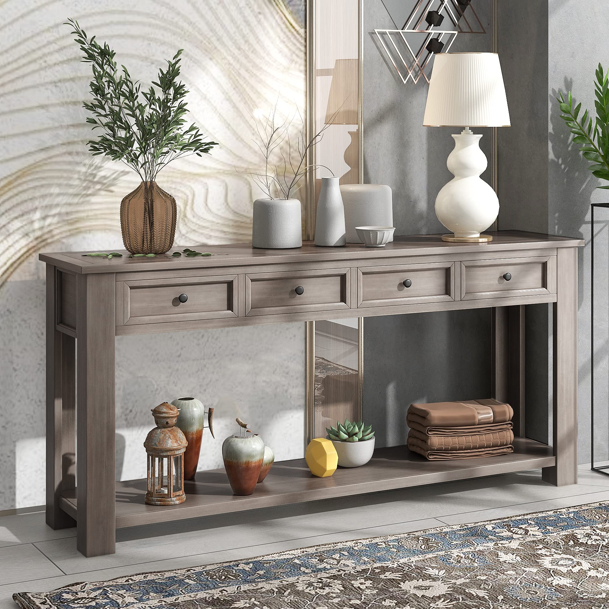 Polibi Rustic Console Table with 4 Storage Drawers & Open Shelf - Entryway Sofa Table for Living Room, Hallway & Foyer - Easy Assembly Farmhouse Style Furniture (Grey) - Perfect for Small Space Organization & Home Decor