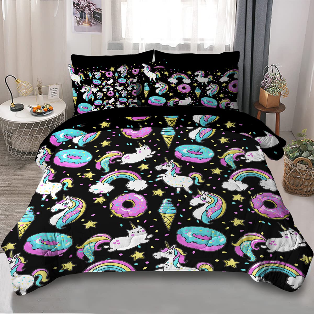 **Unicorn Donut Bedding Set - Cute Cartoon Rainbow Comforter 8-Piece Queen Size (Black/Pink) - Includes 1 Comforter, 2 Pillow Shams, 1 Flat Sheet, 1 Fitted Sheet, 1 Cushion Cover, 2 Pillowcases - Perfect for Kids' Room, Teen Girls' Bedroom & Themed Sleepovers**