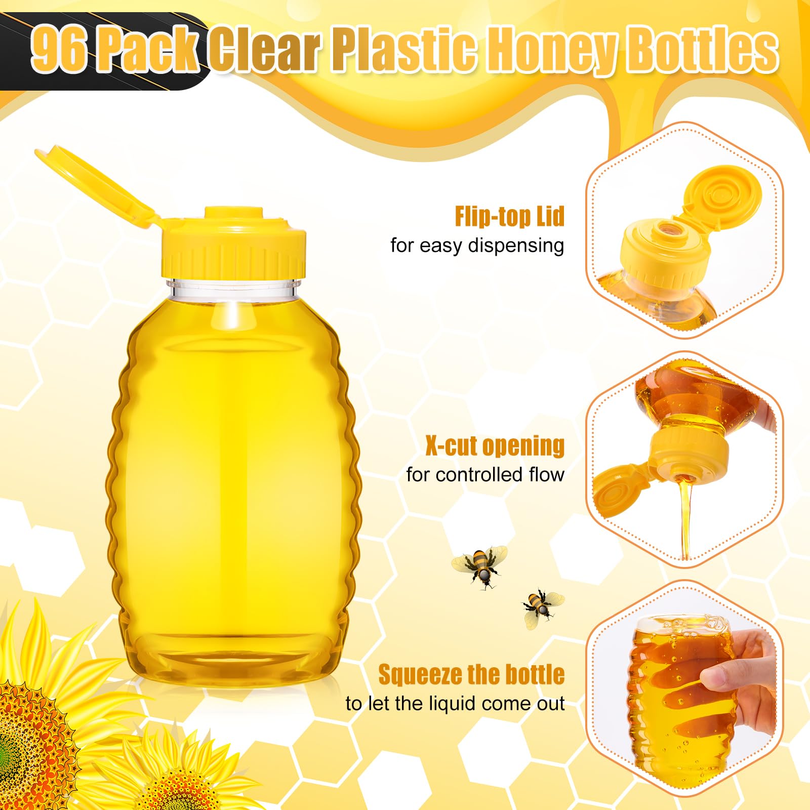 96 PCS Clear Plastic Honey Bottles 16 Oz with Lids - Empty Squeeze Bear Jars for Easy Honey Storage & Dispensing - Perfect for Home, Gifts, and DIY Projects