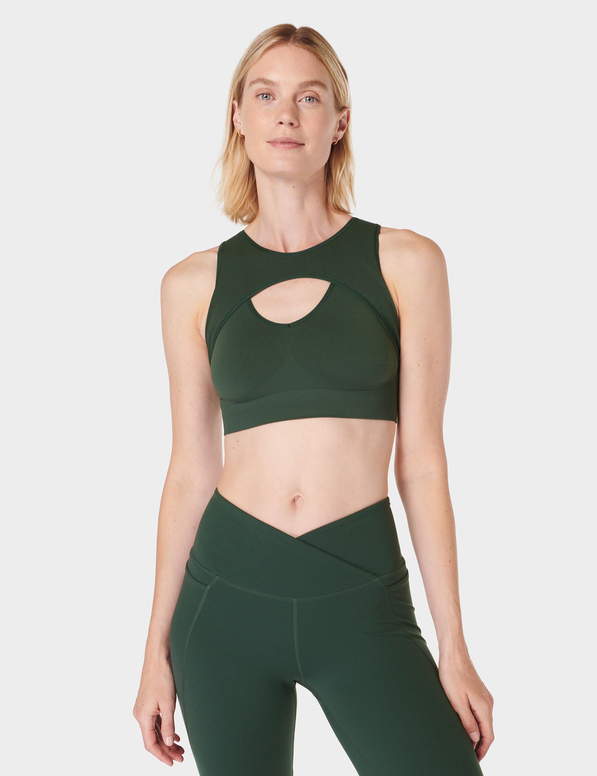Seamless Plunge Sports Bra for Women - High Support Workout Bra, Trek Green - Perfect for Yoga, Running & Gym Fitness Activities