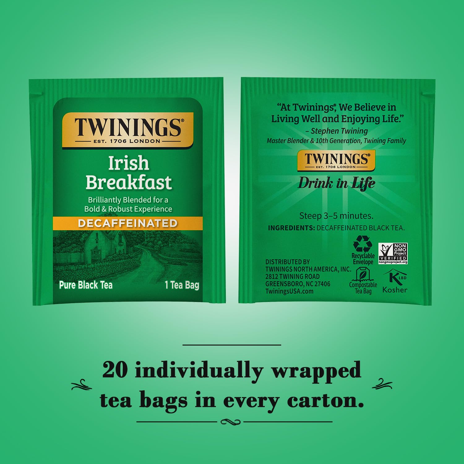 Twinings Irish Breakfast Decaf Tea Bags - Strong & Distinctive Black Decaffeinated Tea - 20 Count Individually Wrapped - Perfect for Morning Relaxation & Afternoon Tea Time