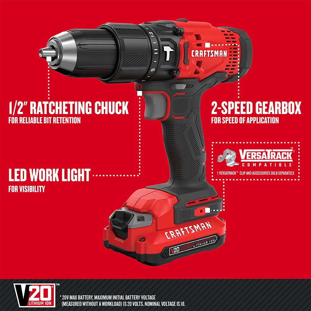 CRAFTSMAN V20 Cordless Hammer Drill Kit with 2 Batteries & Charger, 1/2 Inch Chuck, 20V Lithium-Ion Power Tool (CMCD711C2) - Perfect for DIY Projects, Home Repairs, and Professional Construction Work