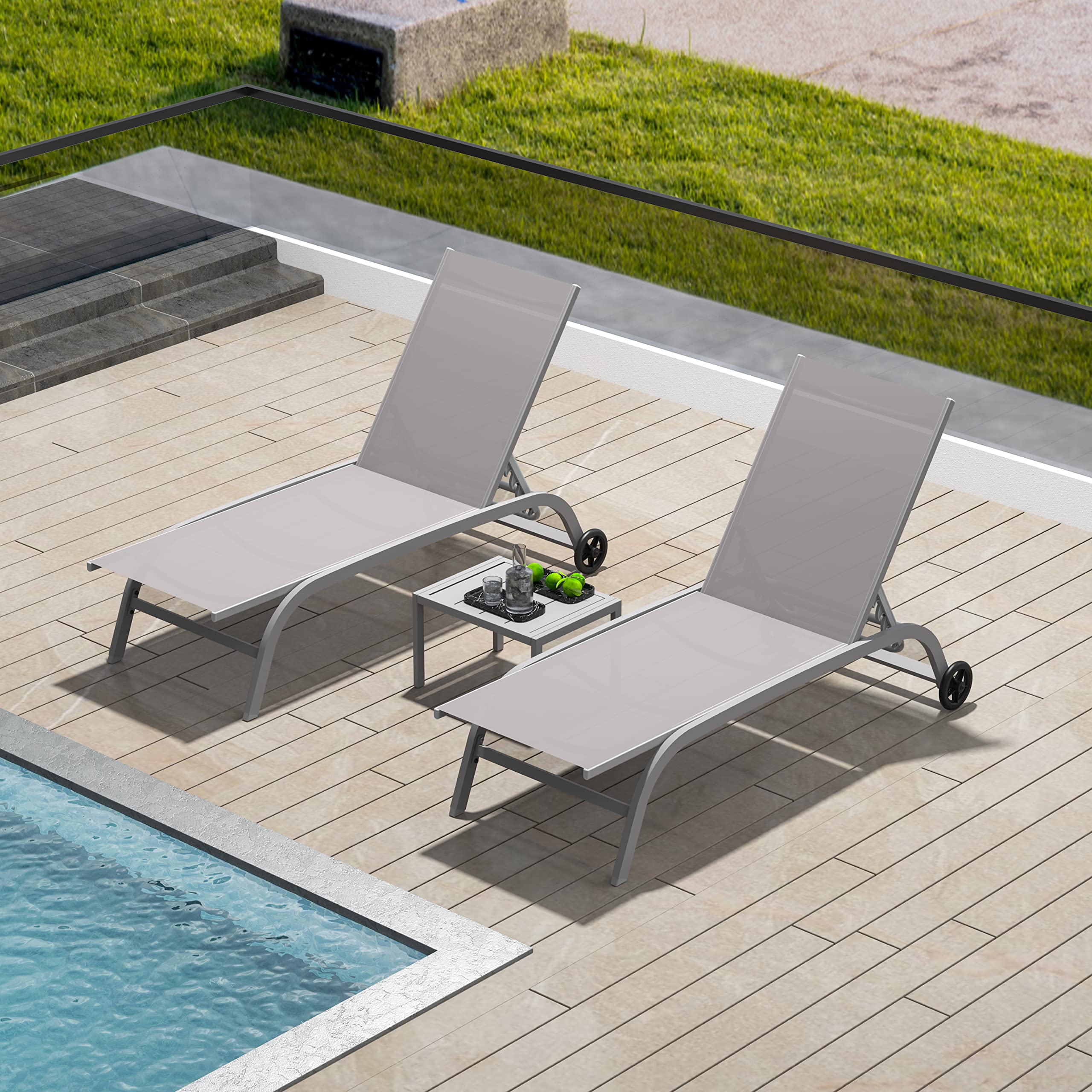 **Domi 3-Piece Outdoor Chaise Lounge Set with Wheels - Adjustable 5-Position Poolside Chairs for Patio, Beach, Yard & Deck - Grey - Perfect for Relaxing by the Pool, Sunbathing or Backyard Lounging**