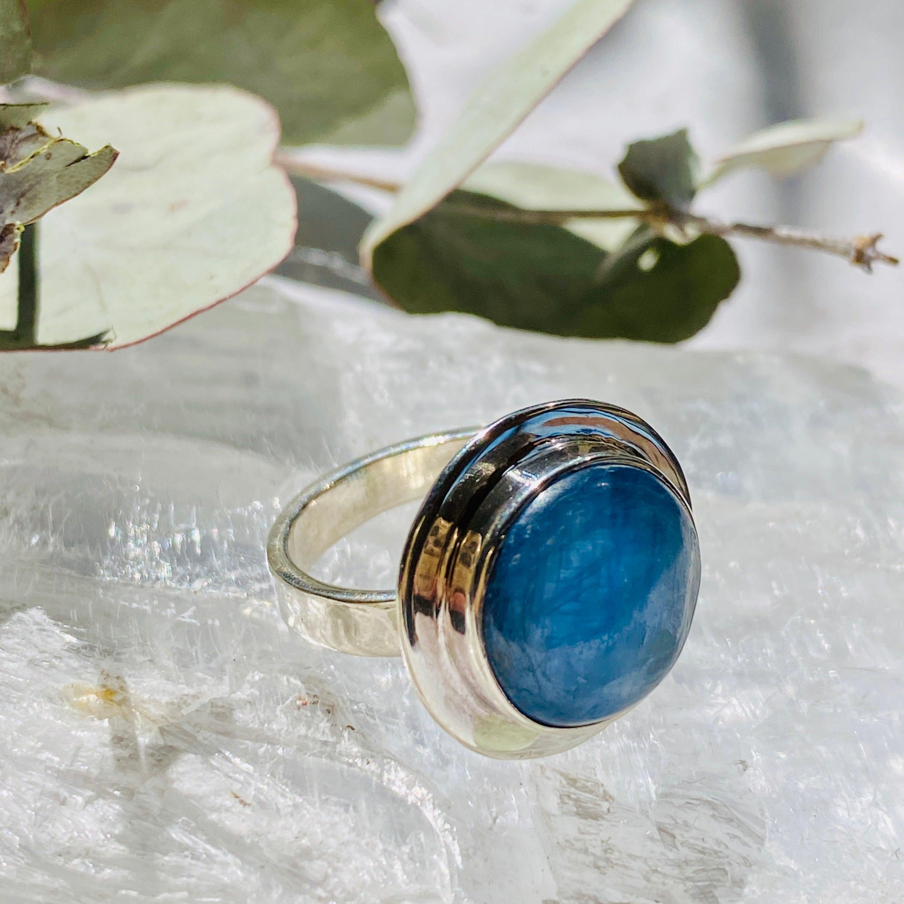 Natural Kyanite Round Cabochon Ring Size 8 - Handmade Sterling Silver Jewelry for Women, Perfect for Everyday Wear & Special Occasions