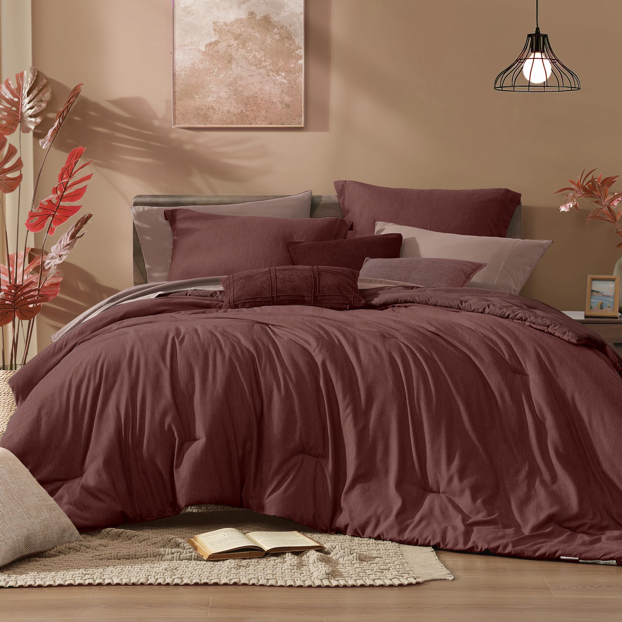 Monbix Queen Comforter Set - 7 Piece Dark Red Reversible Bedding Set with Comforter, Sheets, Pillowcases & Shams | Cationic Dyeing Luxury Bed in a Bag | Perfect for Master Bedroom, Guest Room & Dorm Decor