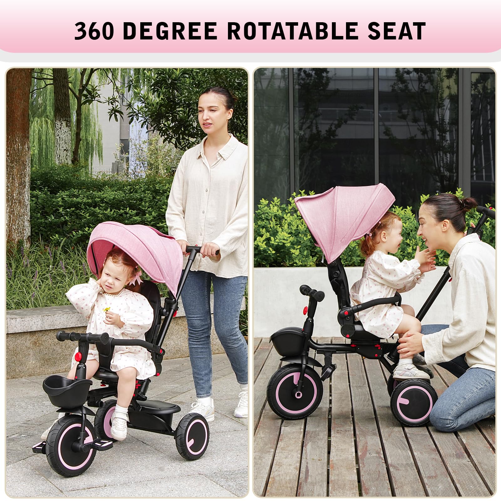 8-in-1 Toddler Tricycle with Push Handle & Rotatable Seat - Safe Baby Bike with Canopy, Safety Harness & Dual Brakes for Kids 7 Months to 5 Years - Perfect Pink Push Bike Gift for Birthdays, Parks & Outdoor Play