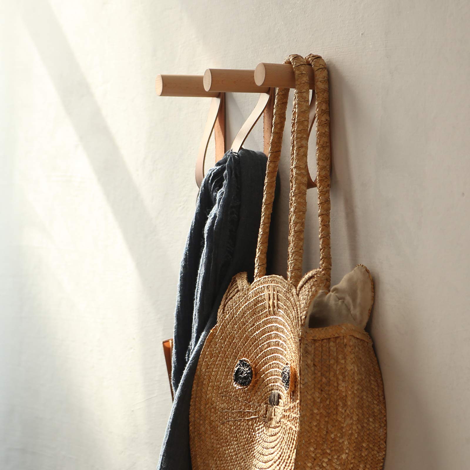 Handmade Oak Wooden Wall Hooks with Leather - 3 Pack Coat Hat Bag Hanger for Entryway, Bedroom & Closet Organization | Durable Rustic Home Decor