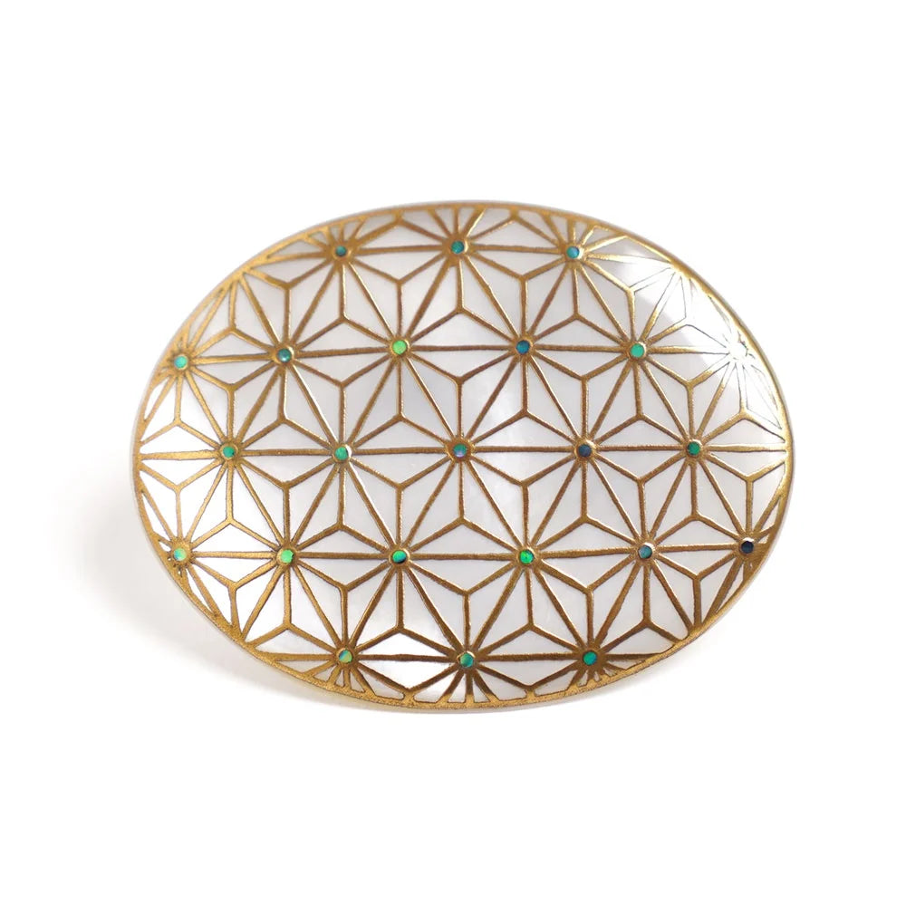 Handcrafted Japanese Maki-e Urushi Lacquer Brooch with White South Sea Pearl Shell - Geometric Hemp Leaf Design - Traditional Artisan Jewelry for Women - Perfect for Weddings, Tea Ceremonies & Special Occasions