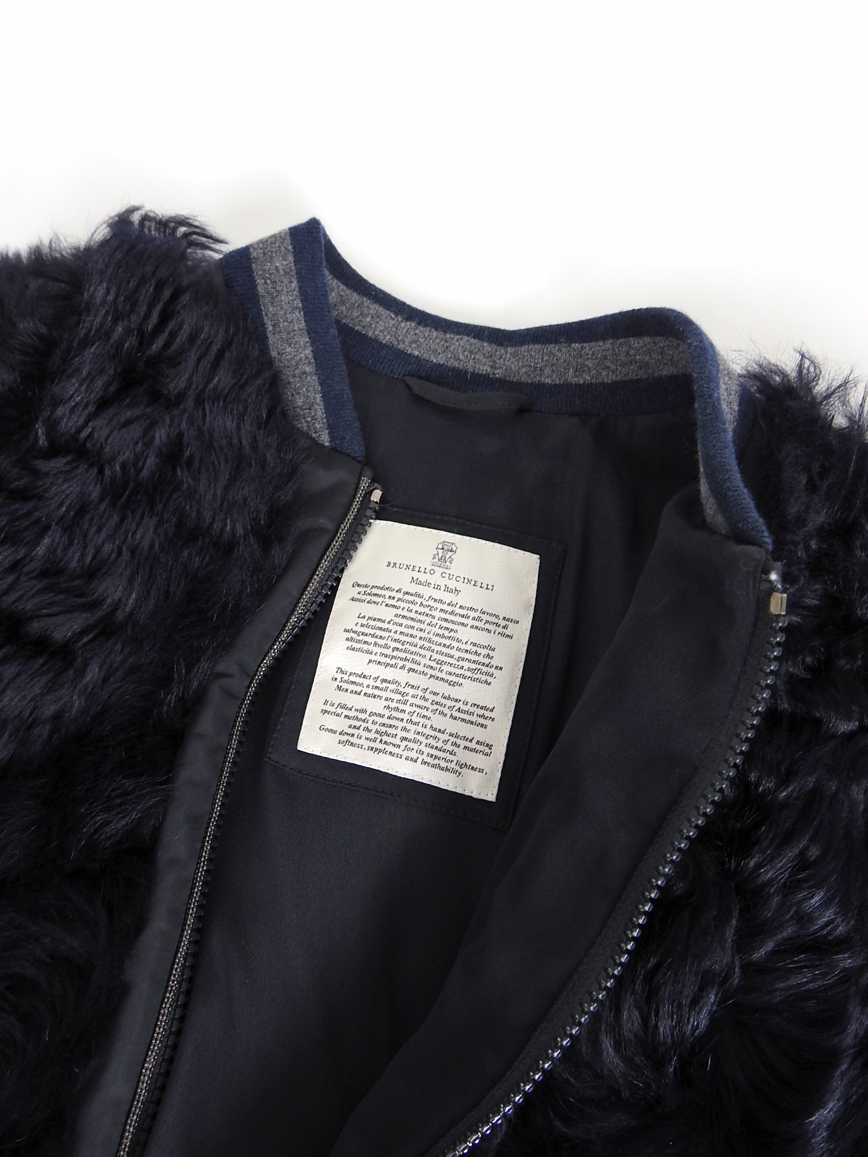 Brunello Cucinelli Navy Blue Curly Lamb Fur Bomber Jacket for Men - Luxury Winter Coat for Cold Weather, Fashion Outerwear for Casual & Formal Occasions
